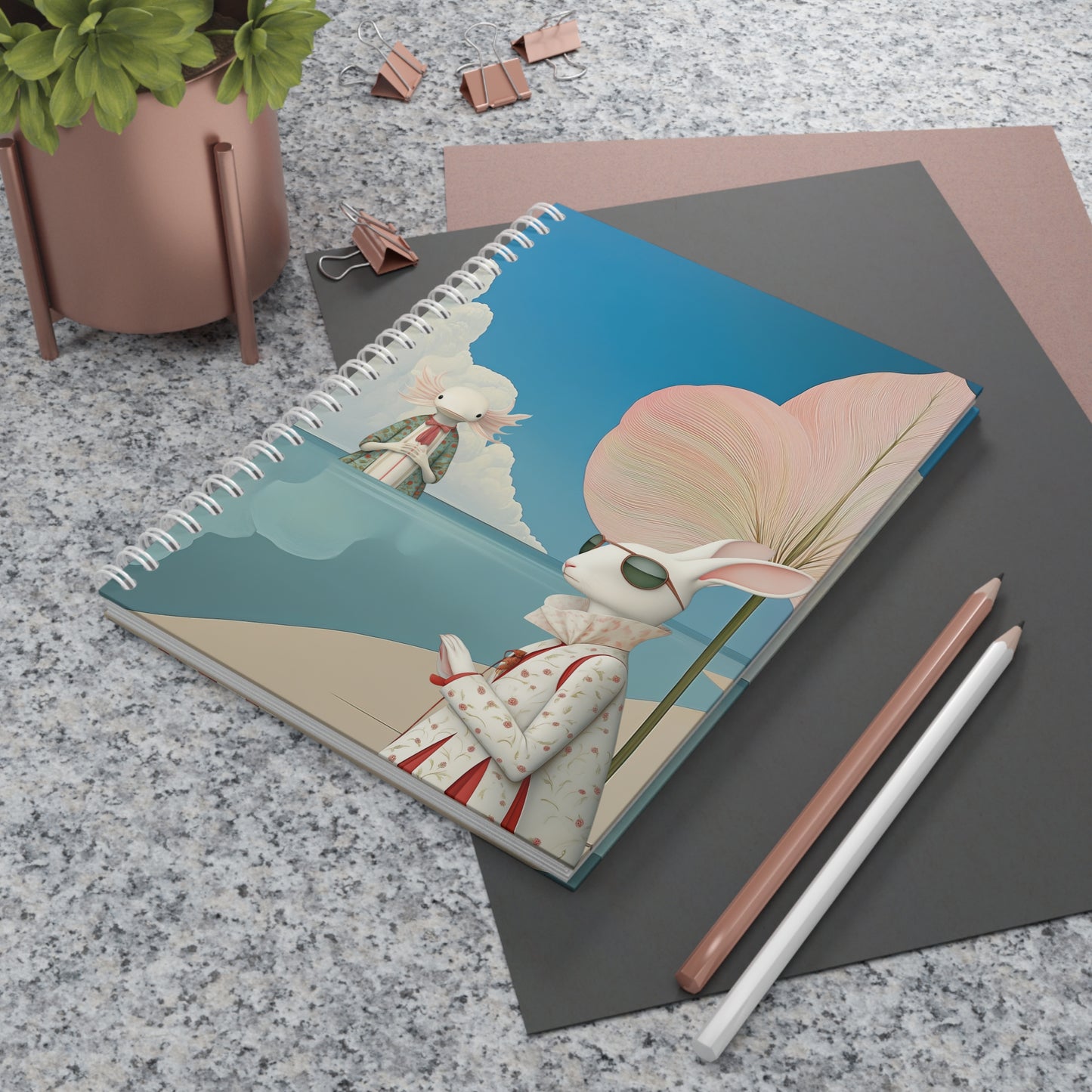 Whimsical Bunny & Axolotl Beach Spiral Notebook — Cute Surreal Journal for Kids & Teens