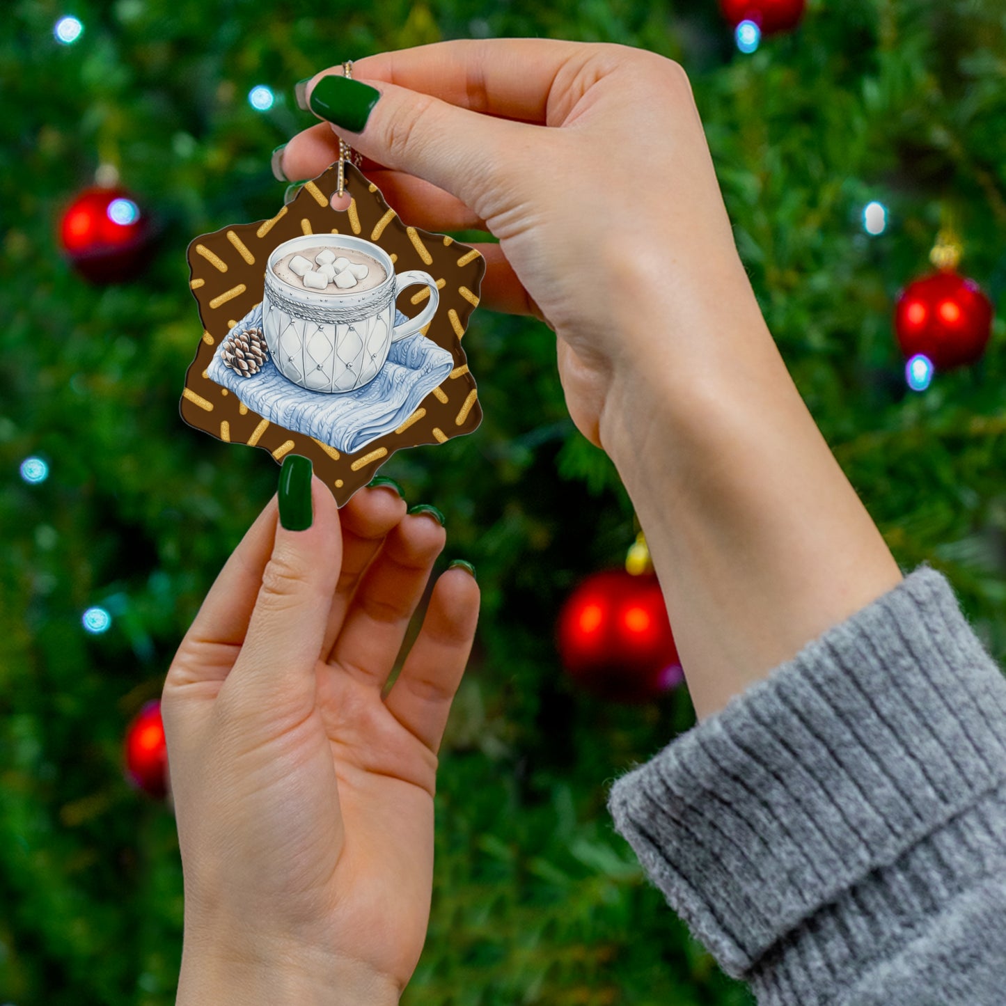 Holiday Ceramic Ornament, Hot Cocoa Star Decoration, Winter Home Decor, Gift for Christmas, Festive Tree Ornament, Winter Wonderland