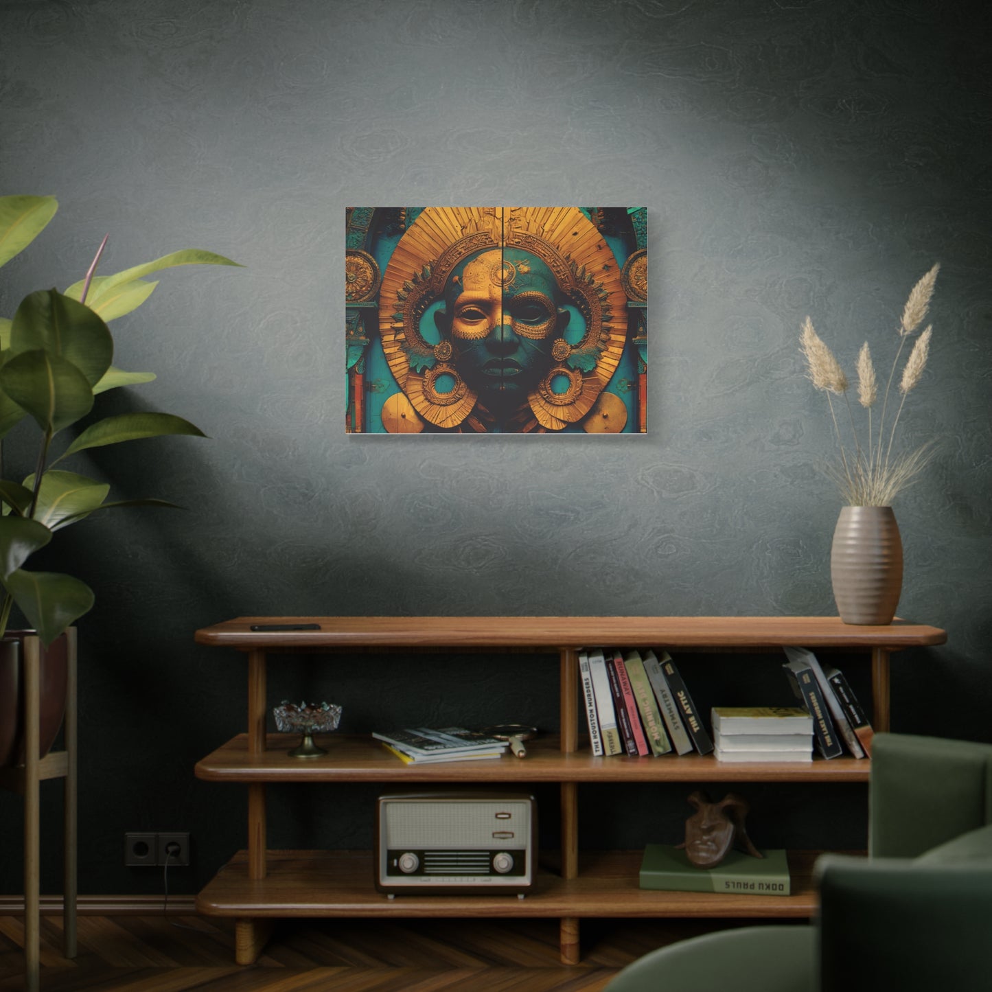 Gold & Teal Tribal Mask Matte Canvas Art — Stretched Wall Decor