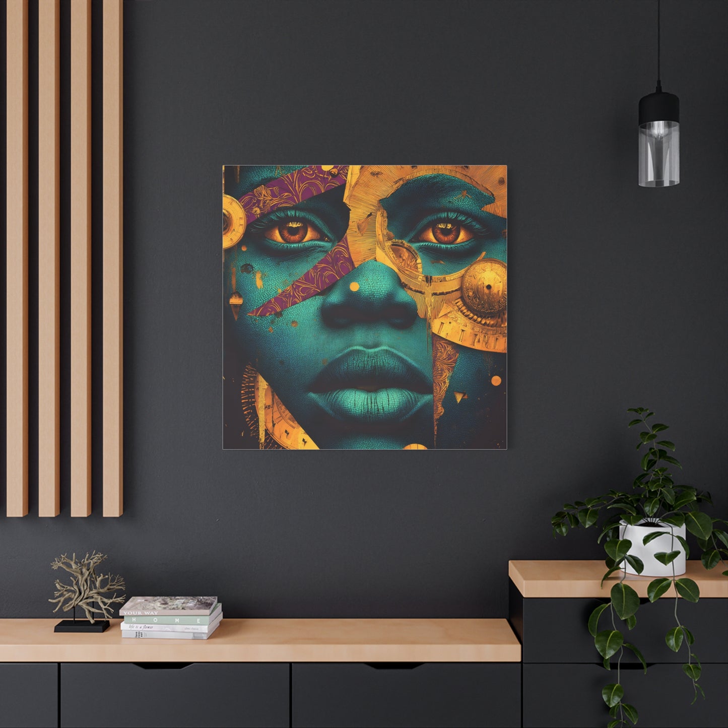 Afro-Futurist Portrait Matte Stretched Canvas — Teal & Gold Face Wall Art