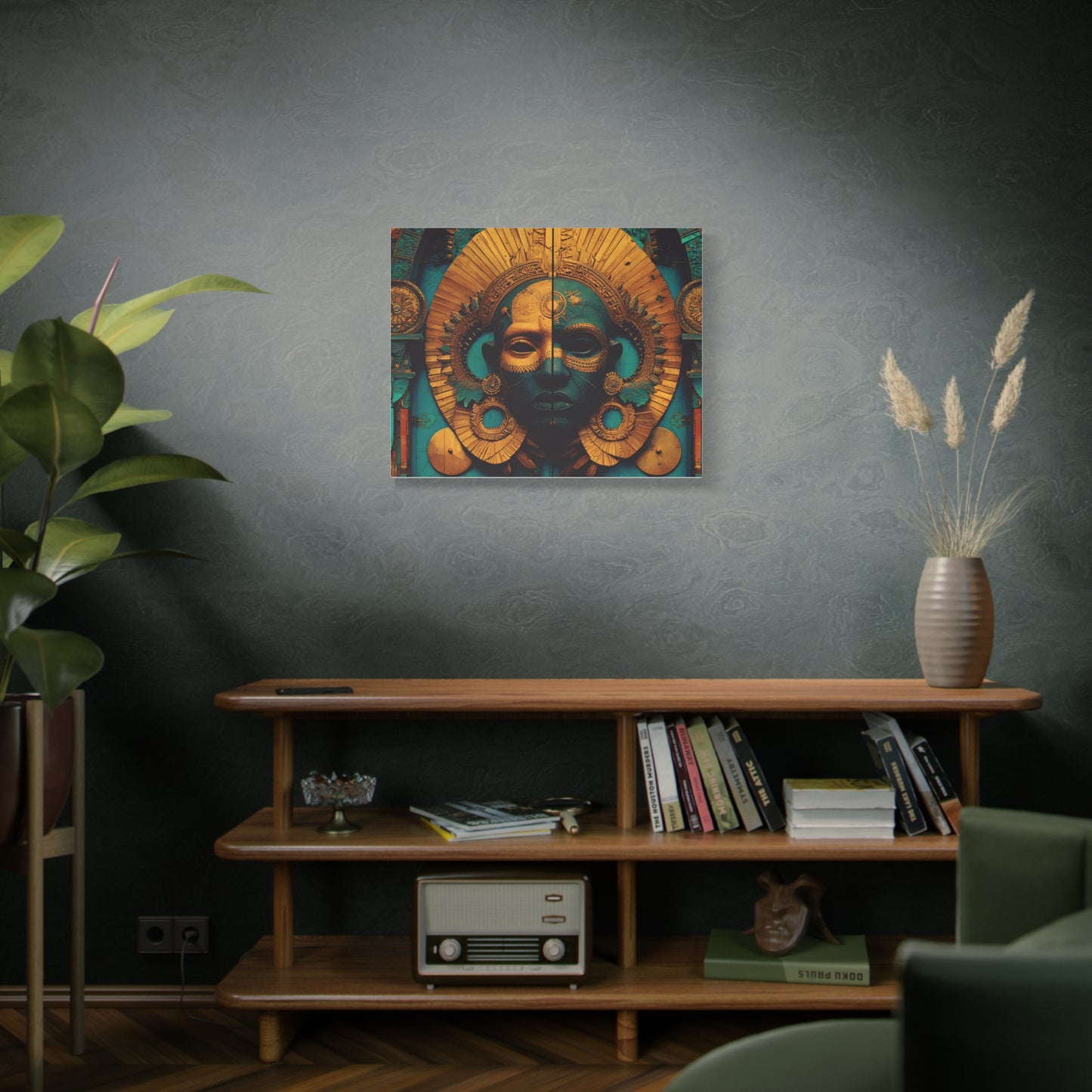 Gold & Teal Tribal Mask Matte Canvas Art — Stretched Wall Decor