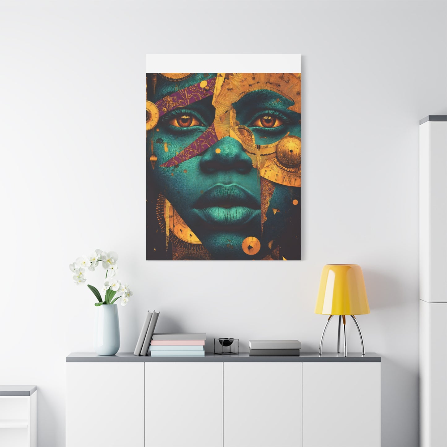 Afro-Futurist Portrait Matte Stretched Canvas — Teal & Gold Face Wall Art
