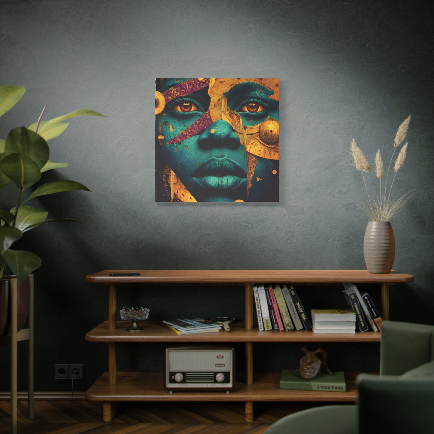 Afro-Futurist Portrait Matte Stretched Canvas — Teal & Gold Face Wall Art