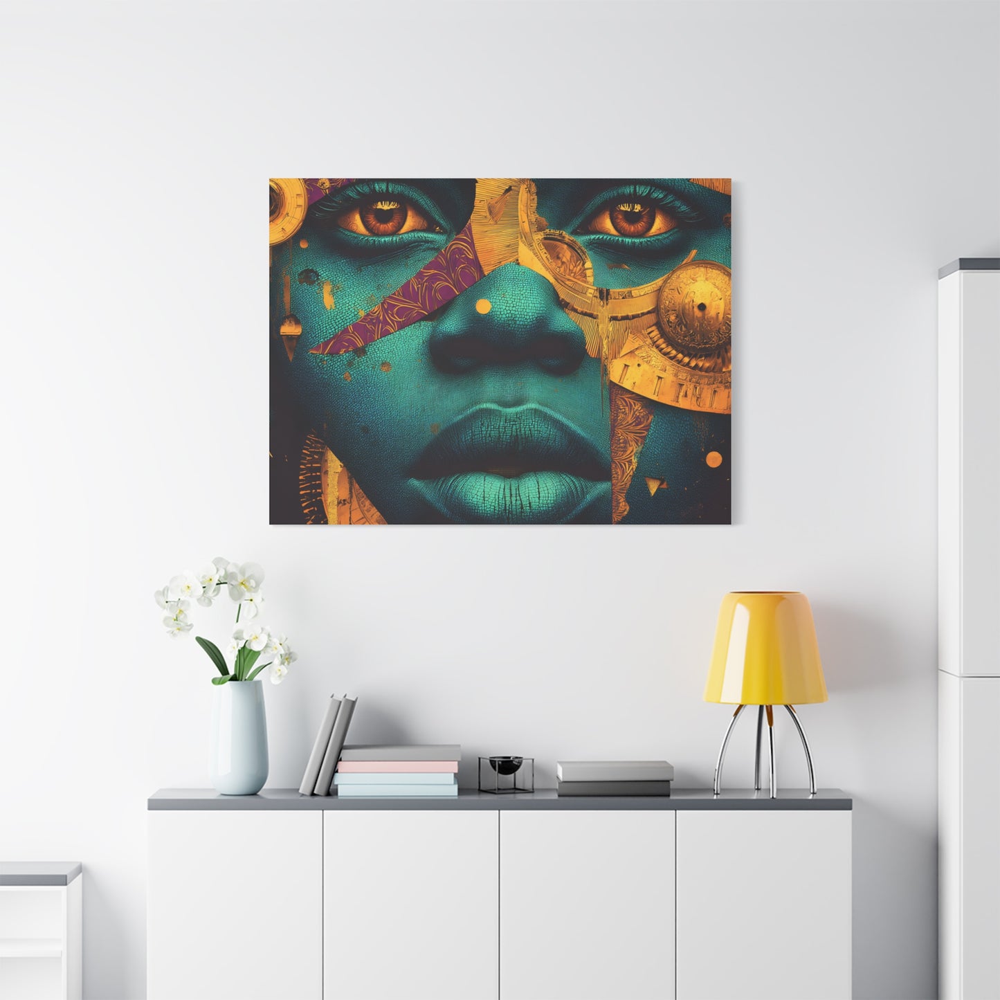 Afro-Futurist Portrait Matte Stretched Canvas — Teal & Gold Face Wall Art