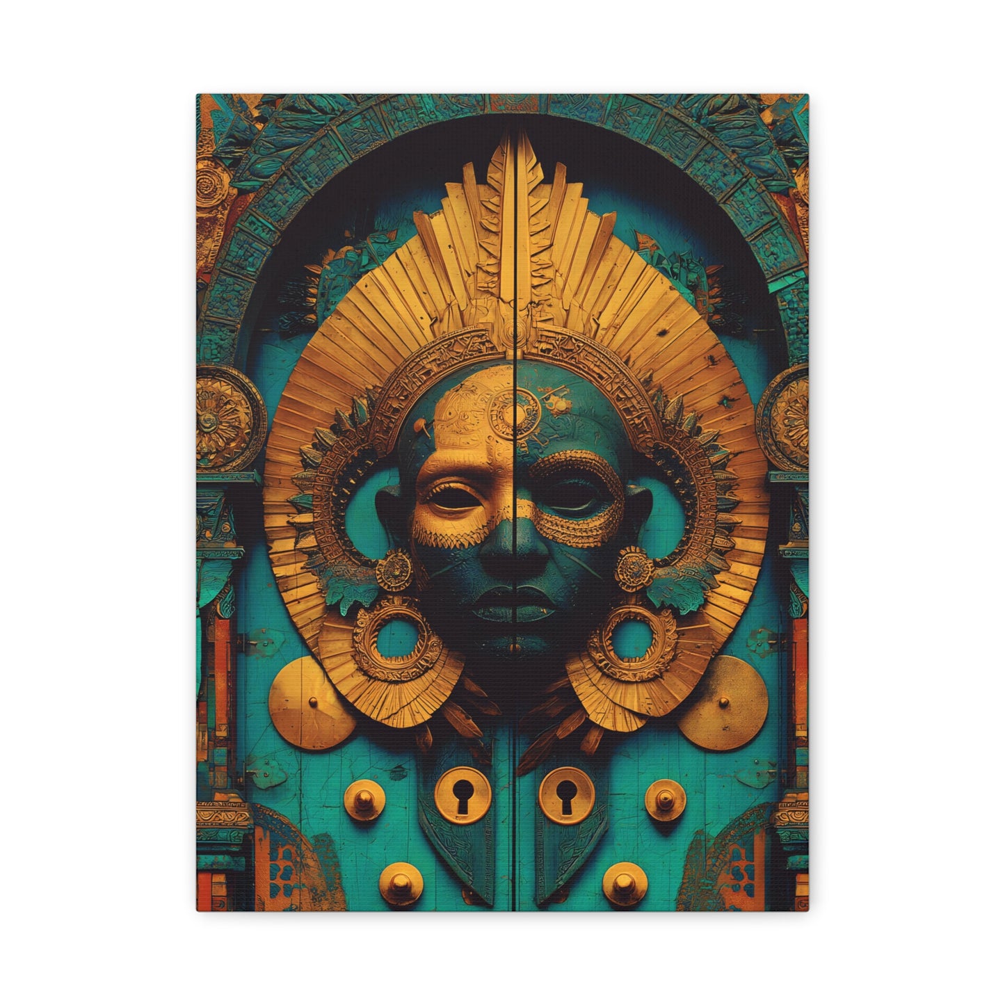 Gold & Teal Tribal Mask Matte Canvas Art — Stretched Wall Decor