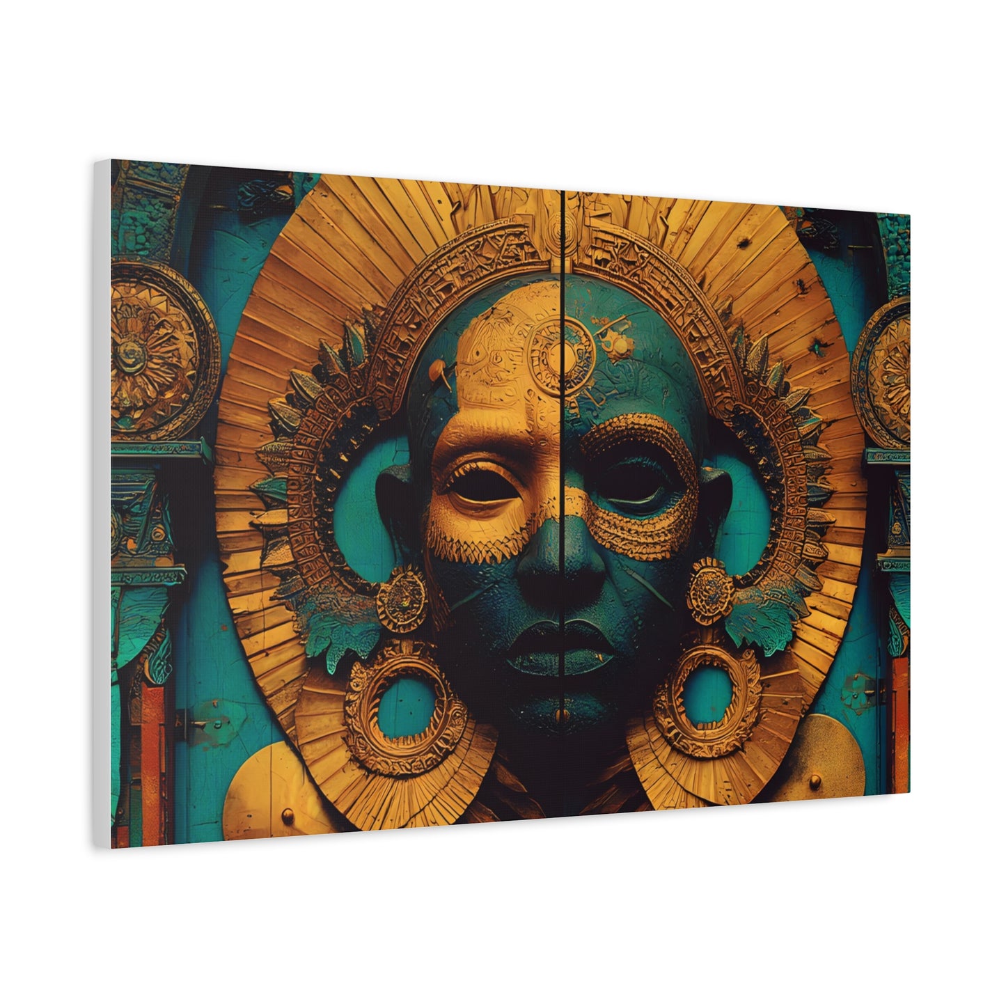 Gold & Teal Tribal Mask Matte Canvas Art — Stretched Wall Decor