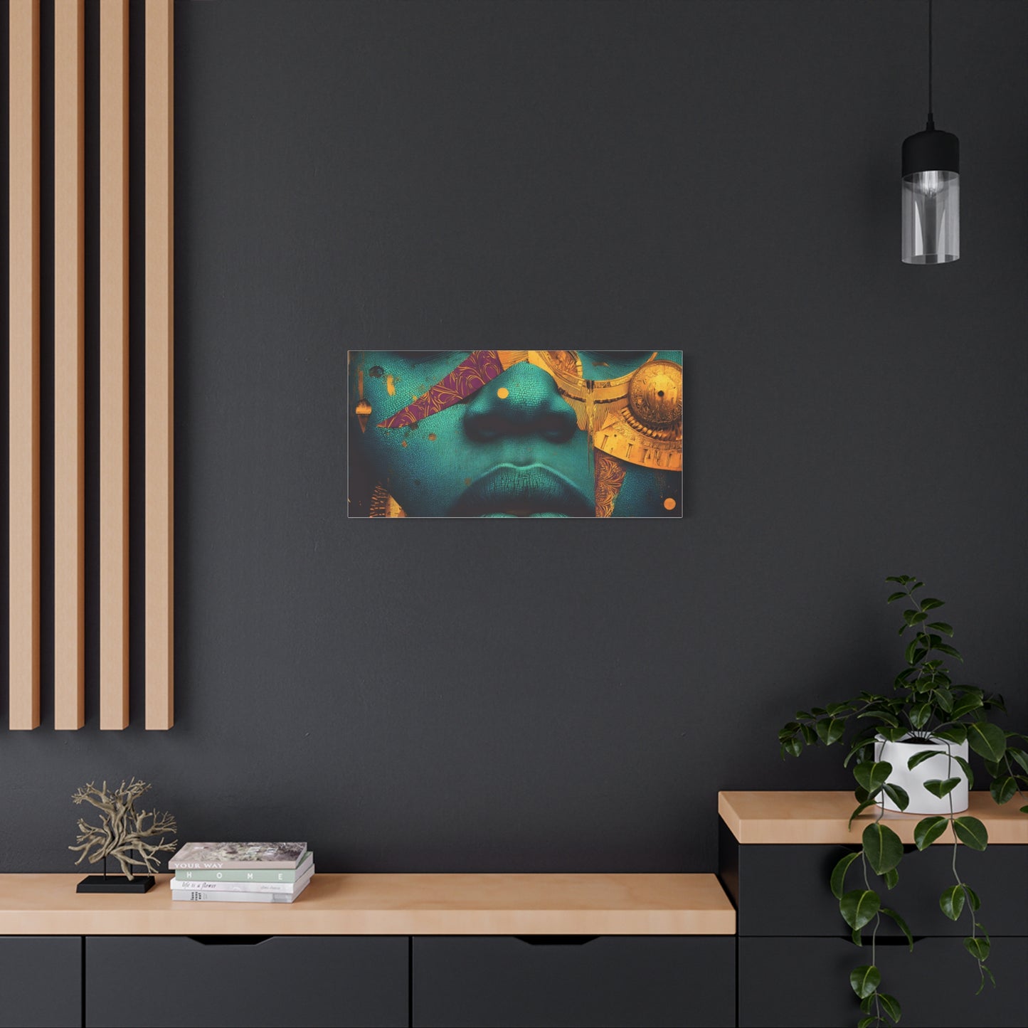 Afro-Futurist Portrait Matte Stretched Canvas — Teal & Gold Face Wall Art