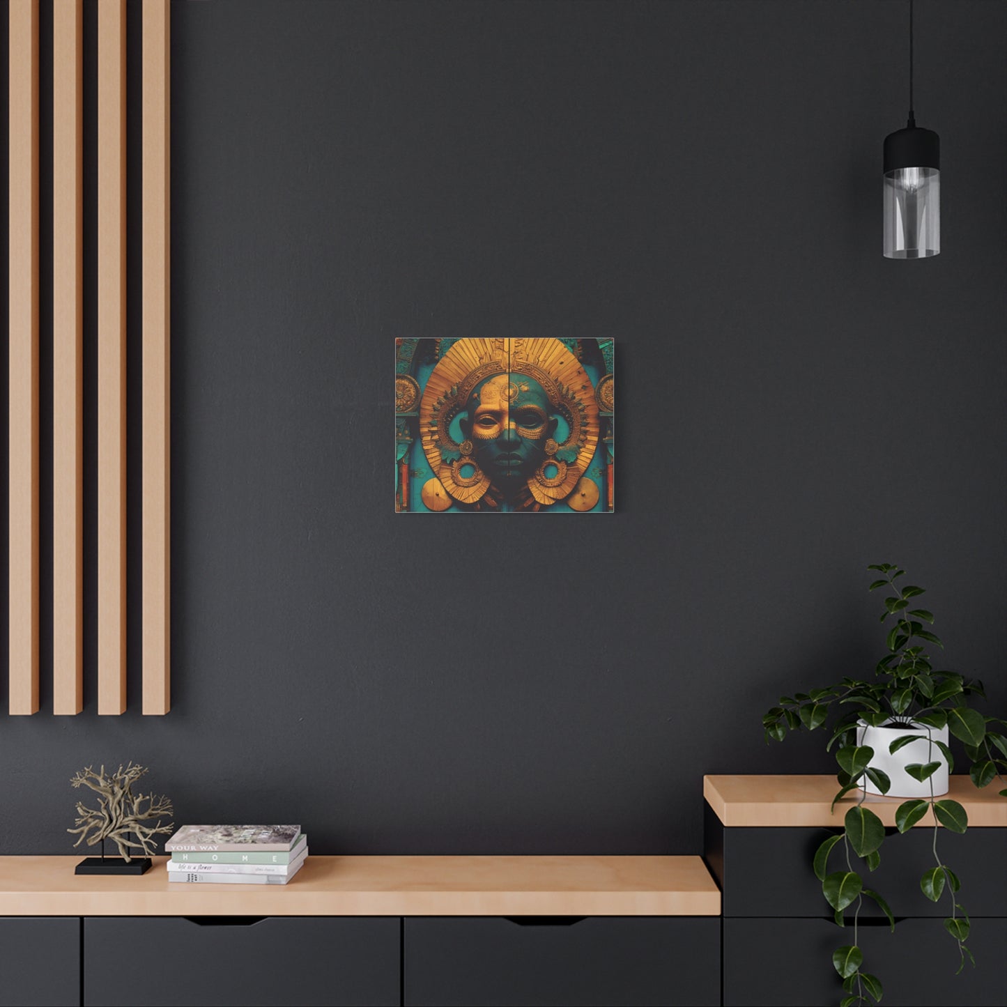 Gold & Teal Tribal Mask Matte Canvas Art — Stretched Wall Decor