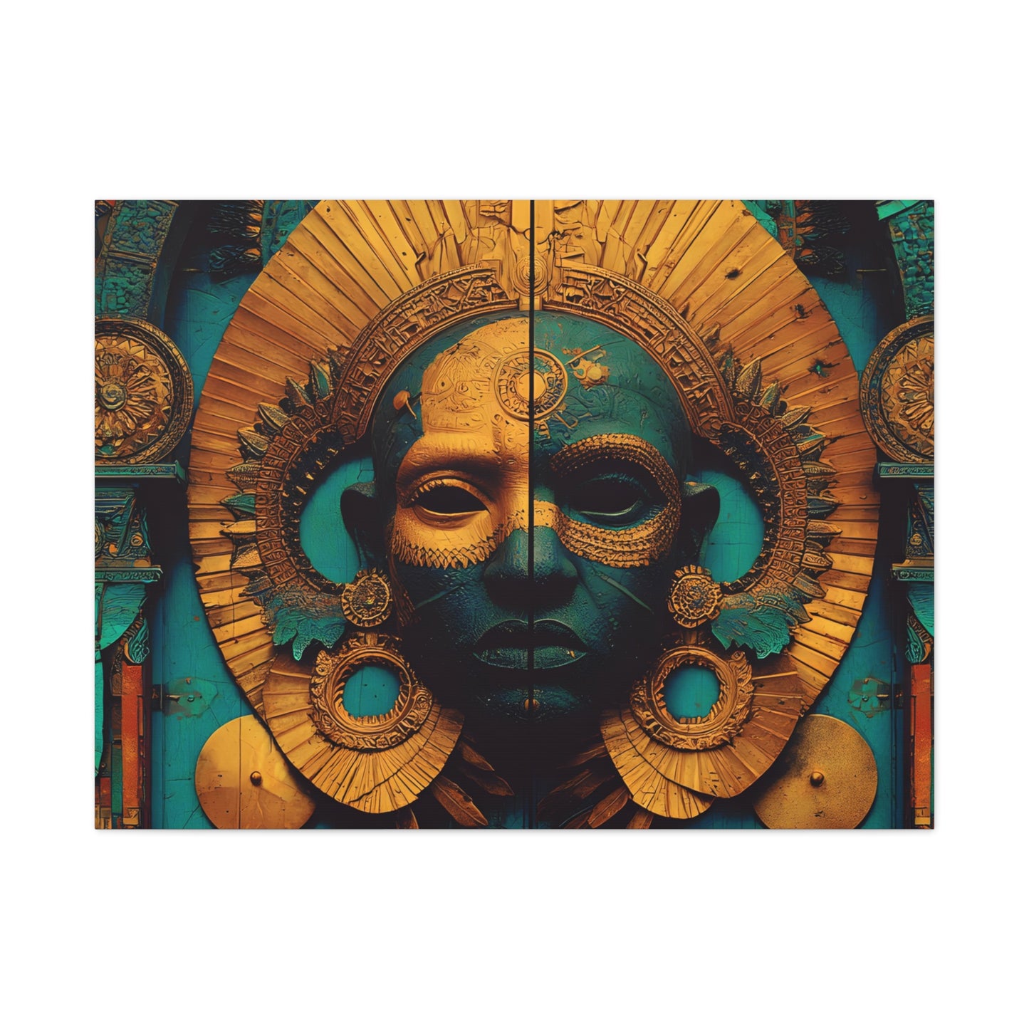 Gold & Teal Tribal Mask Matte Canvas Art — Stretched Wall Decor