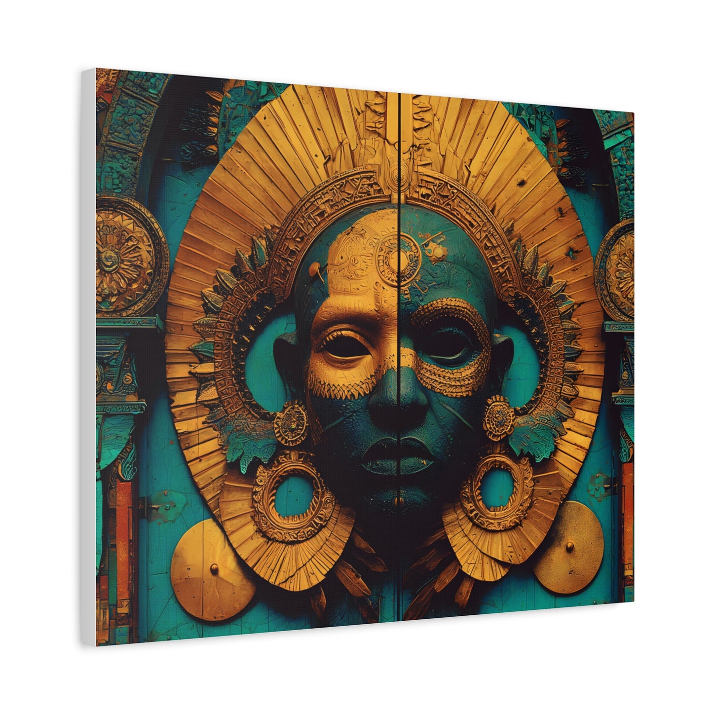 Gold & Teal Tribal Mask Matte Canvas Art — Stretched Wall Decor