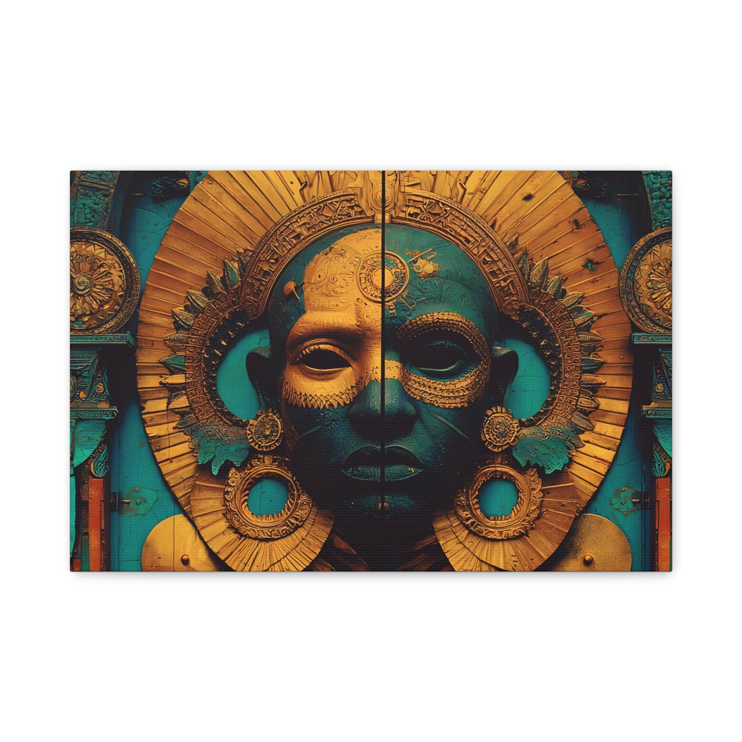 Gold & Teal Tribal Mask Matte Canvas Art — Stretched Wall Decor