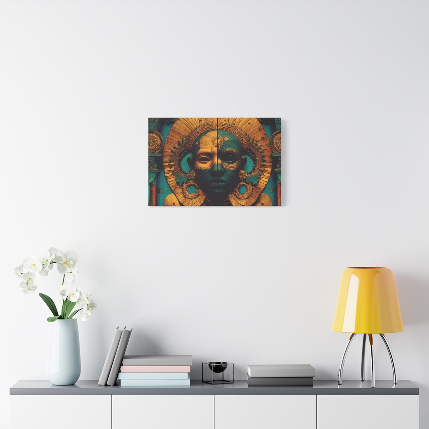 Gold & Teal Tribal Mask Matte Canvas Art — Stretched Wall Decor