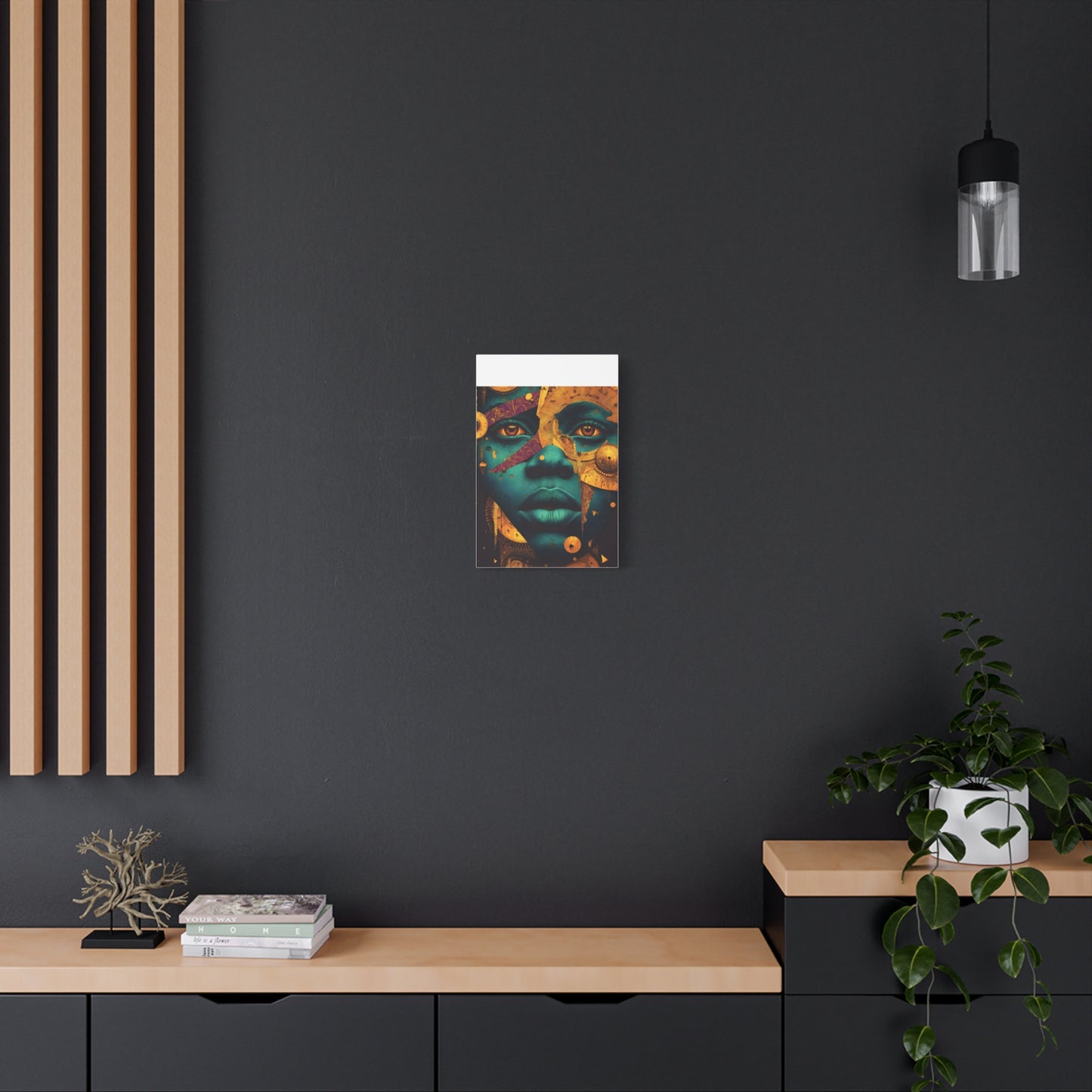 Afro-Futurist Portrait Matte Stretched Canvas — Teal & Gold Face Wall Art