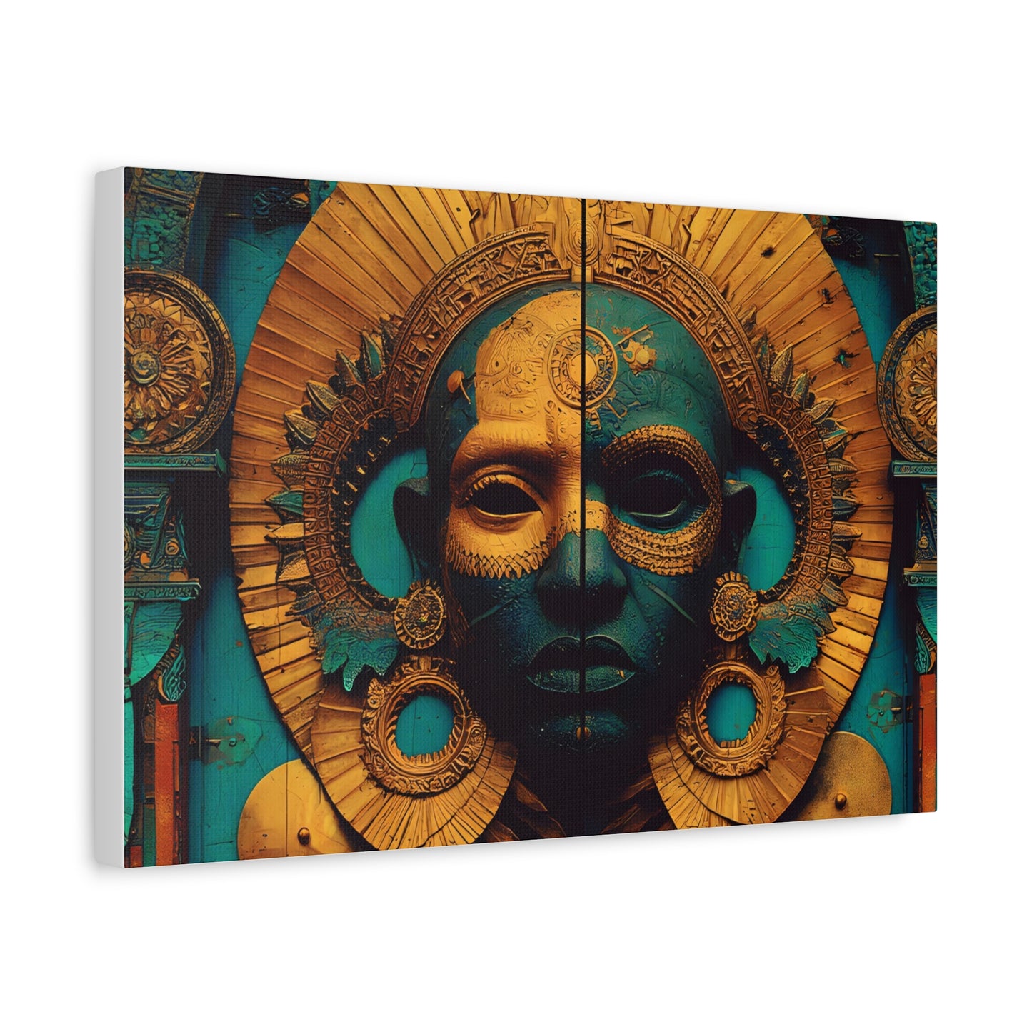 Gold & Teal Tribal Mask Matte Canvas Art — Stretched Wall Decor
