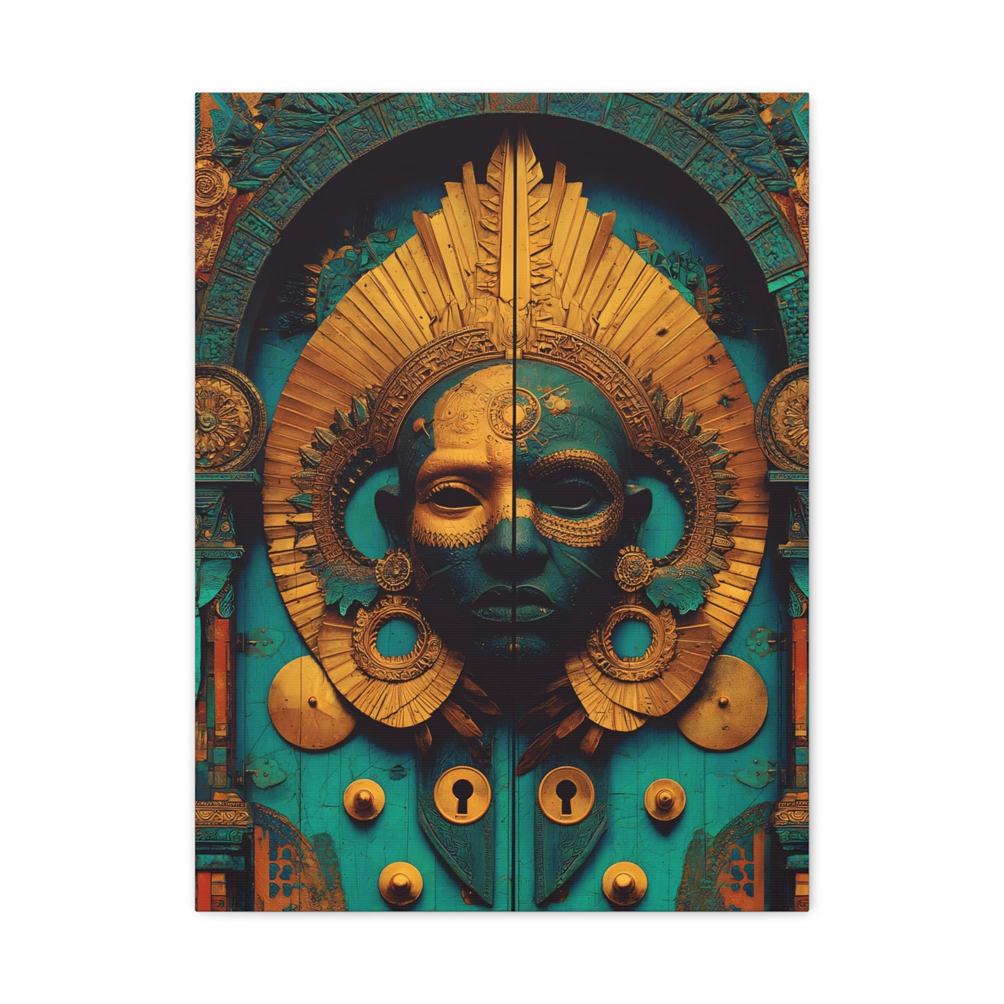 Gold & Teal Tribal Mask Matte Canvas Art — Stretched Wall Decor