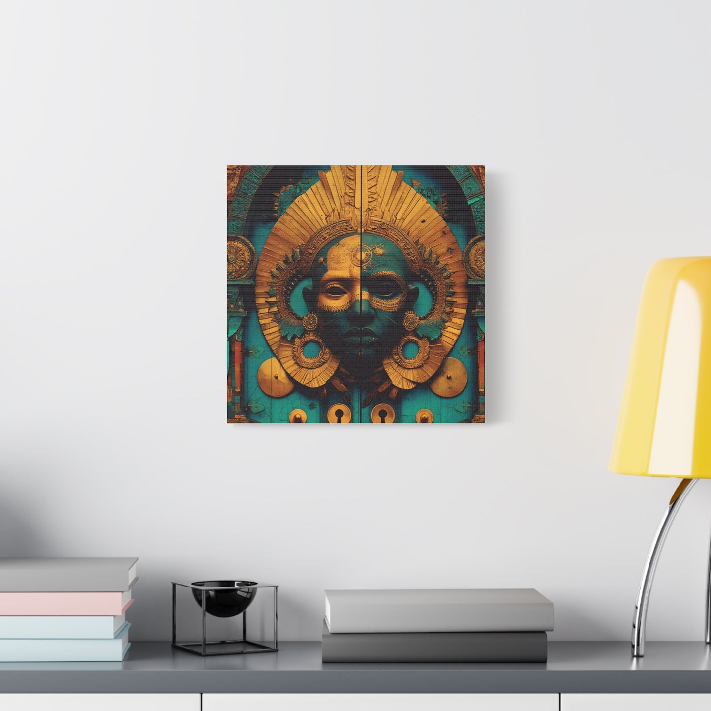 Gold & Teal Tribal Mask Matte Canvas Art — Stretched Wall Decor