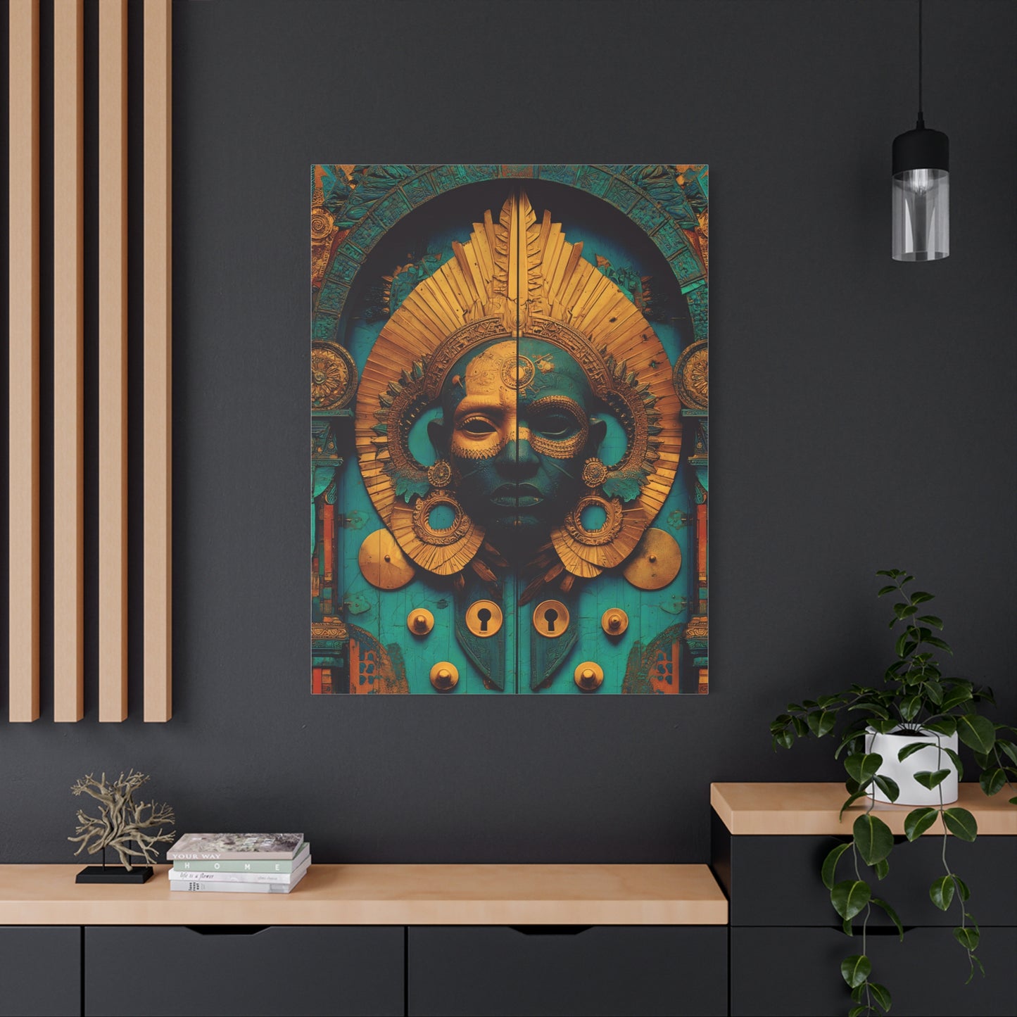 Gold & Teal Tribal Mask Matte Canvas Art — Stretched Wall Decor