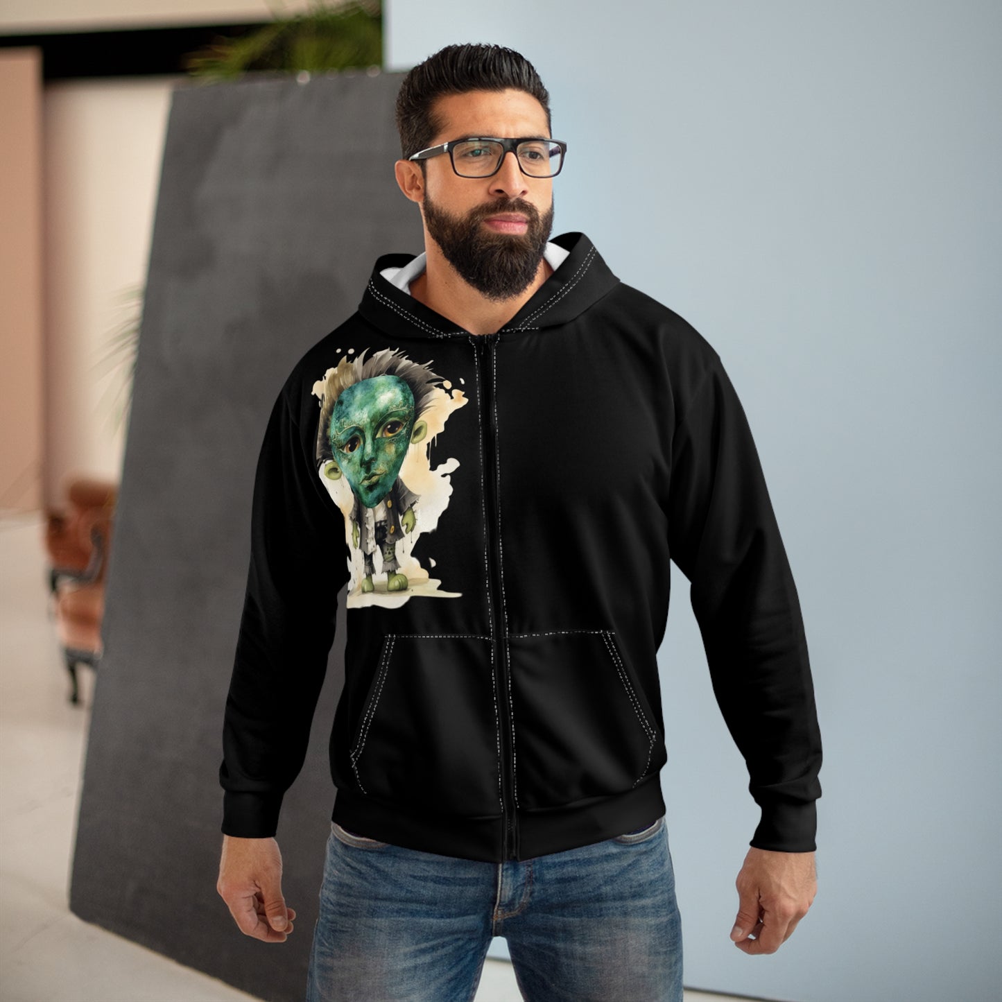Unisex Graphic Zip Hoodie with Unique Art, Cozy Layering, Perfect for Casual Wear, Gift for Art Lovers, Streetwear, Everyday Comfort