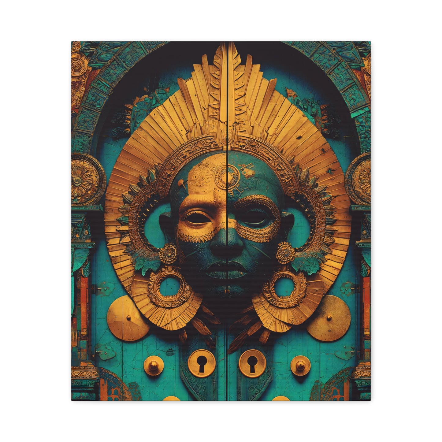 Gold & Teal Tribal Mask Matte Canvas Art — Stretched Wall Decor
