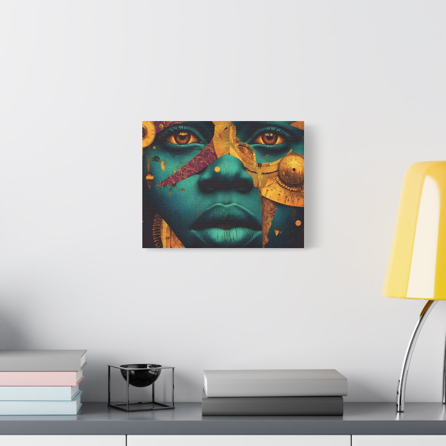 Afro-Futurist Portrait Matte Stretched Canvas — Teal & Gold Face Wall Art