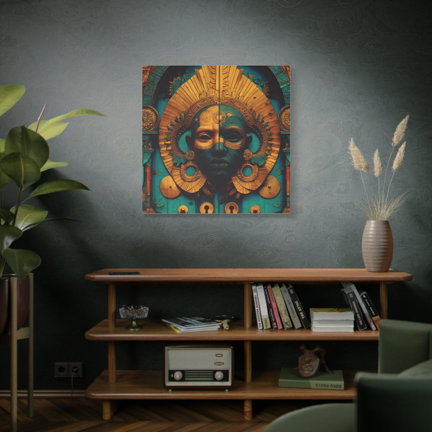 Gold & Teal Tribal Mask Matte Canvas Art — Stretched Wall Decor