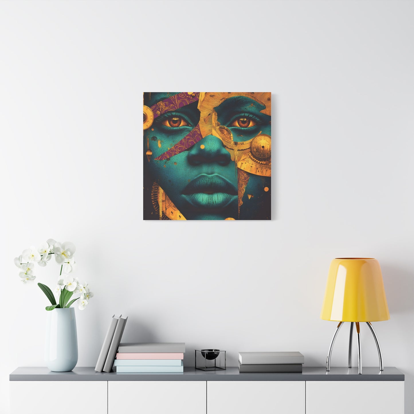 Afro-Futurist Portrait Matte Stretched Canvas — Teal & Gold Face Wall Art