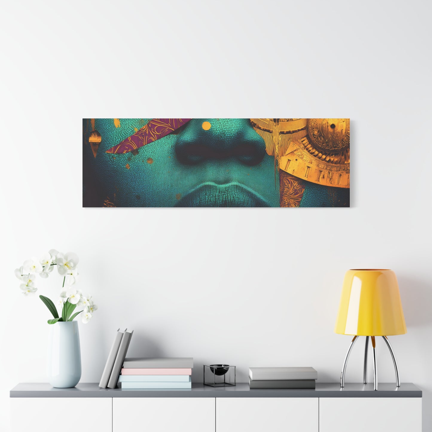 Afro-Futurist Portrait Matte Stretched Canvas — Teal & Gold Face Wall Art