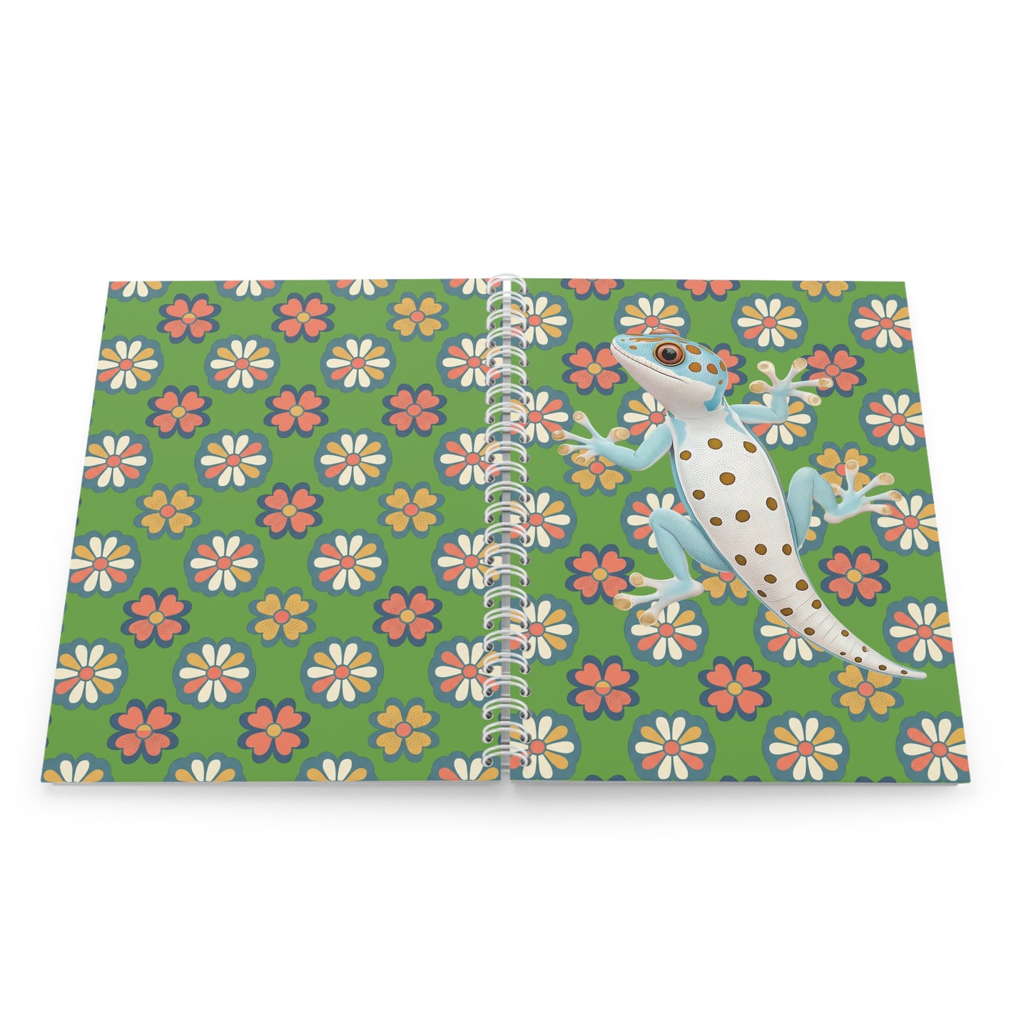 Gecko Floral Spiral Notebook — Cute Blue Gecko on Retro Daisy Pattern