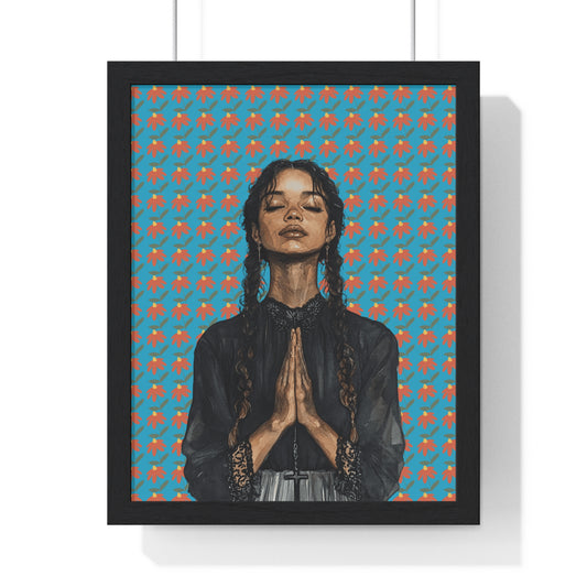 Serene Prayer Vertical Framed Poster, Meditation Art Print, Bohemian Wall Decor, Inspirational Home Decor, Gift for Her