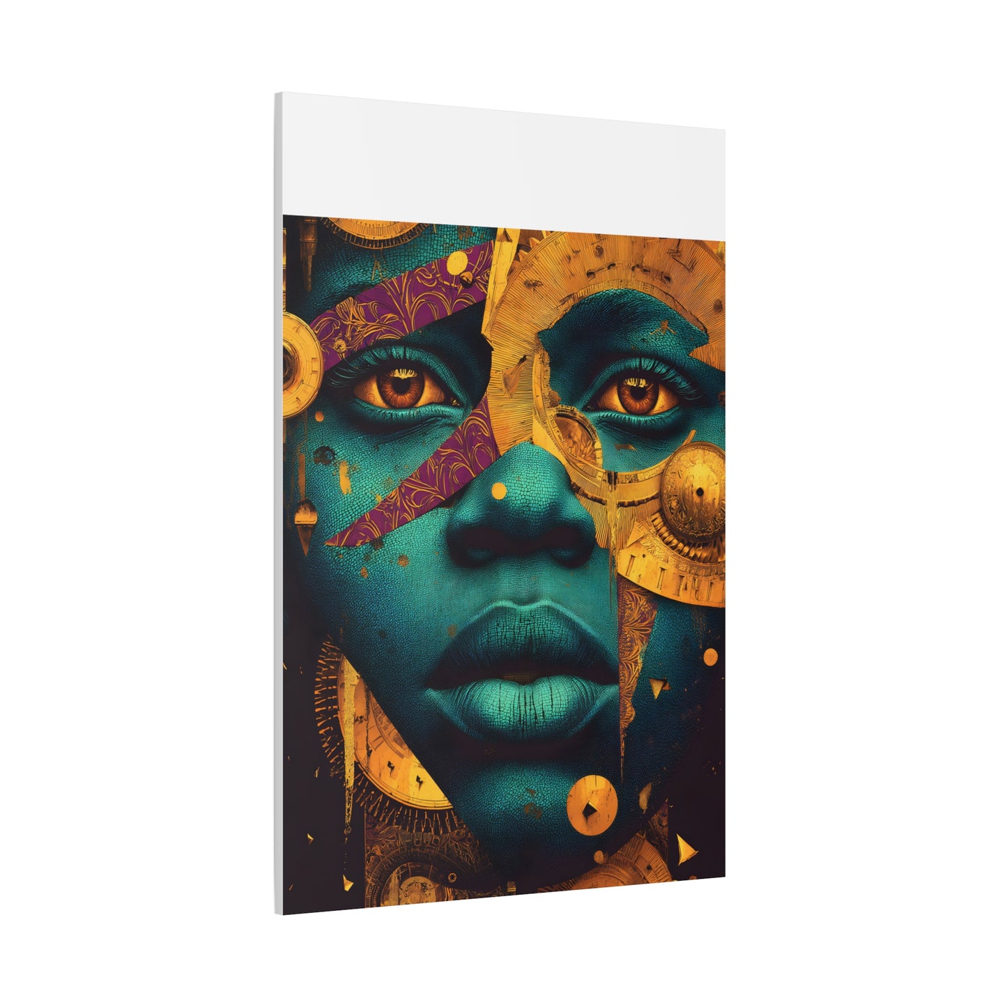 Afro-Futurist Portrait Matte Stretched Canvas — Teal & Gold Face Wall Art