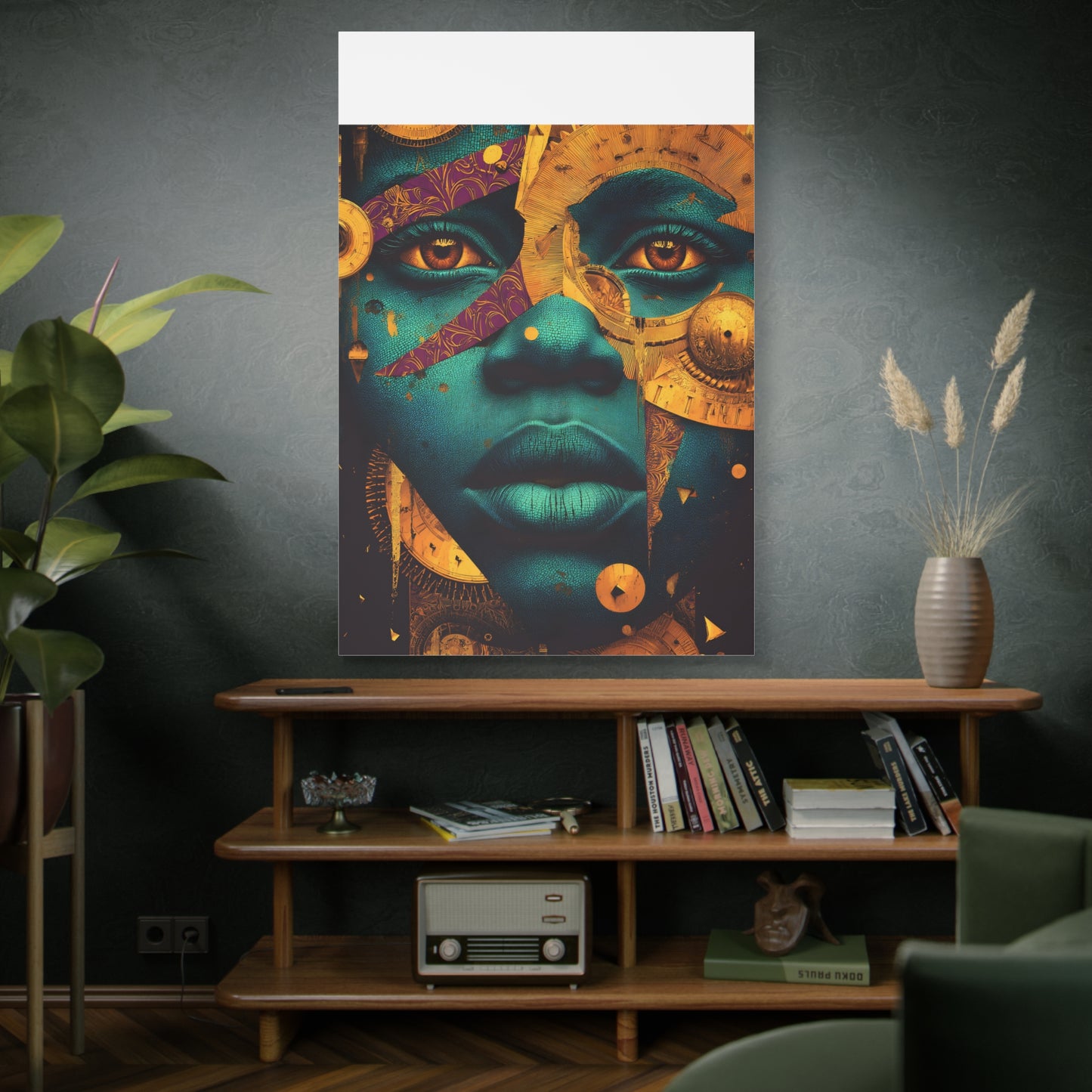 Afro-Futurist Portrait Matte Stretched Canvas — Teal & Gold Face Wall Art