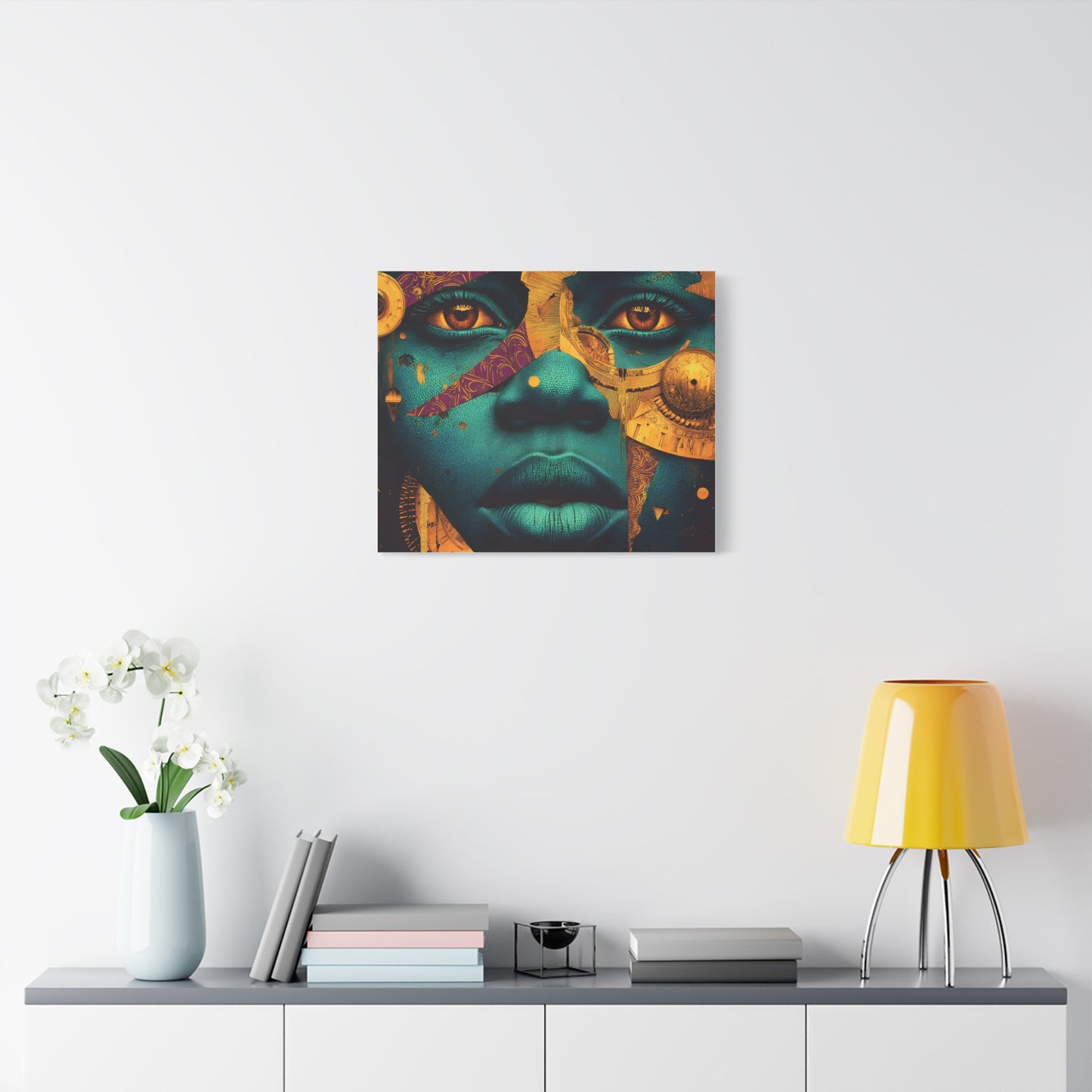Afro-Futurist Portrait Matte Stretched Canvas — Teal & Gold Face Wall Art