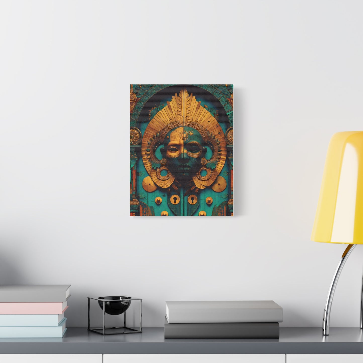 Gold & Teal Tribal Mask Matte Canvas Art — Stretched Wall Decor
