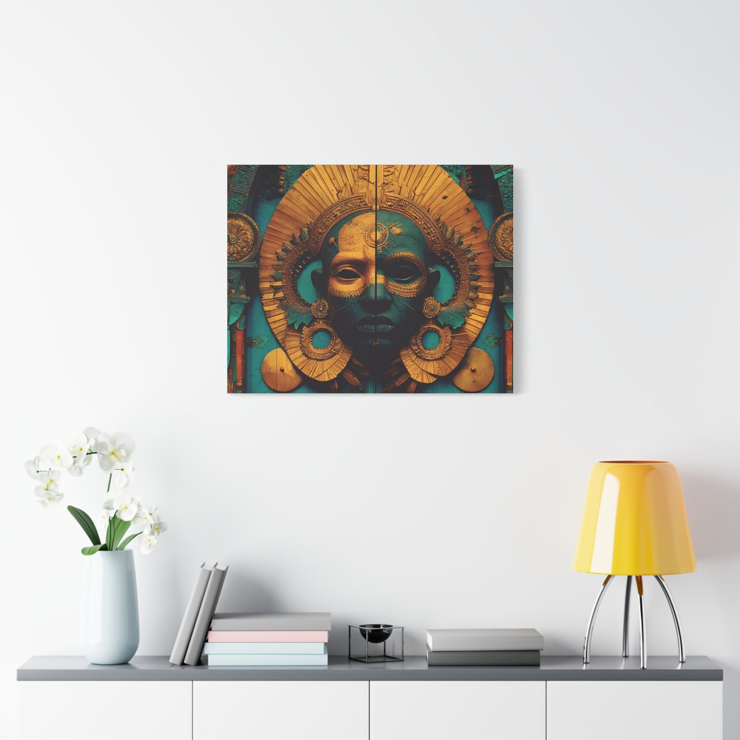 Gold & Teal Tribal Mask Matte Canvas Art — Stretched Wall Decor
