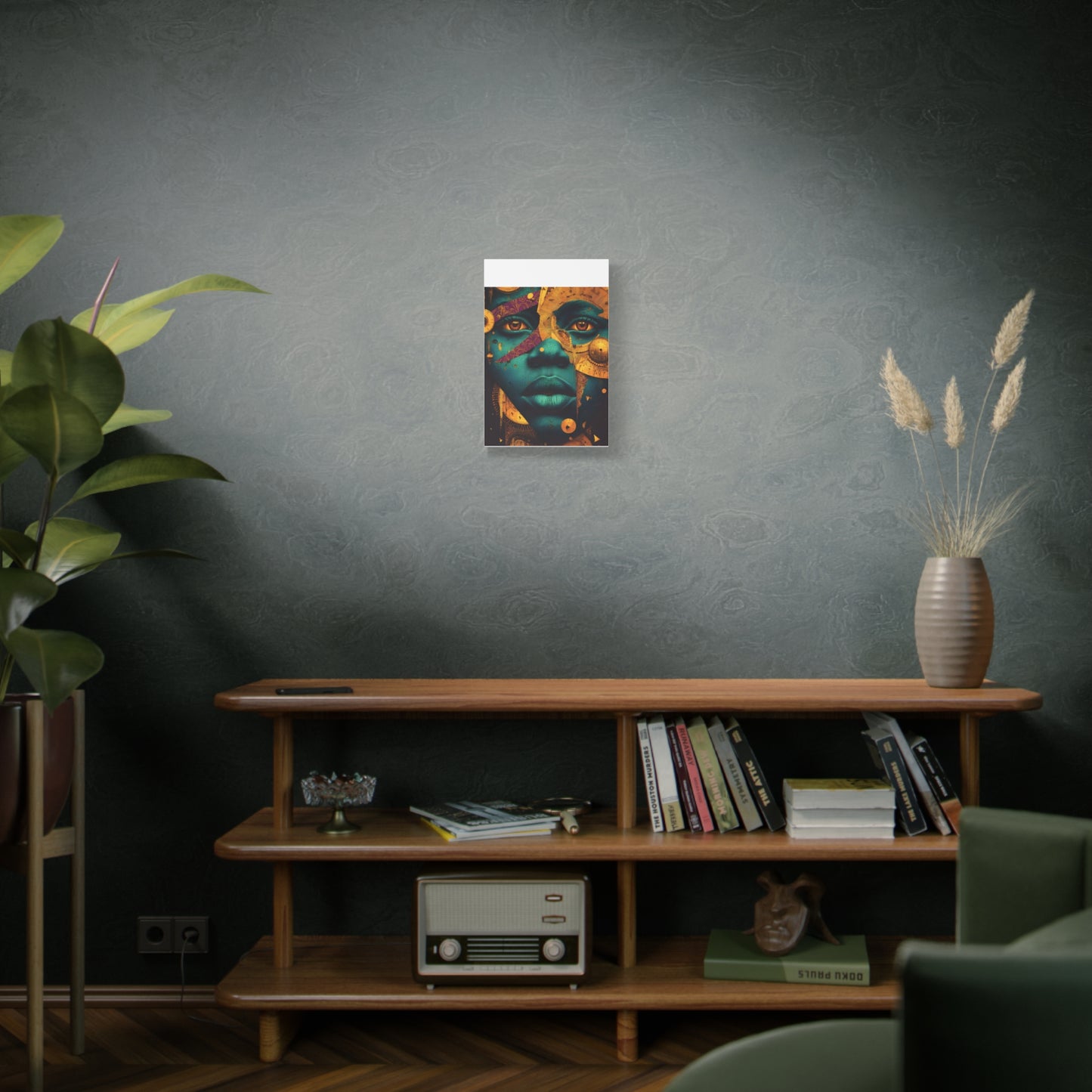 Afro-Futurist Portrait Matte Stretched Canvas — Teal & Gold Face Wall Art