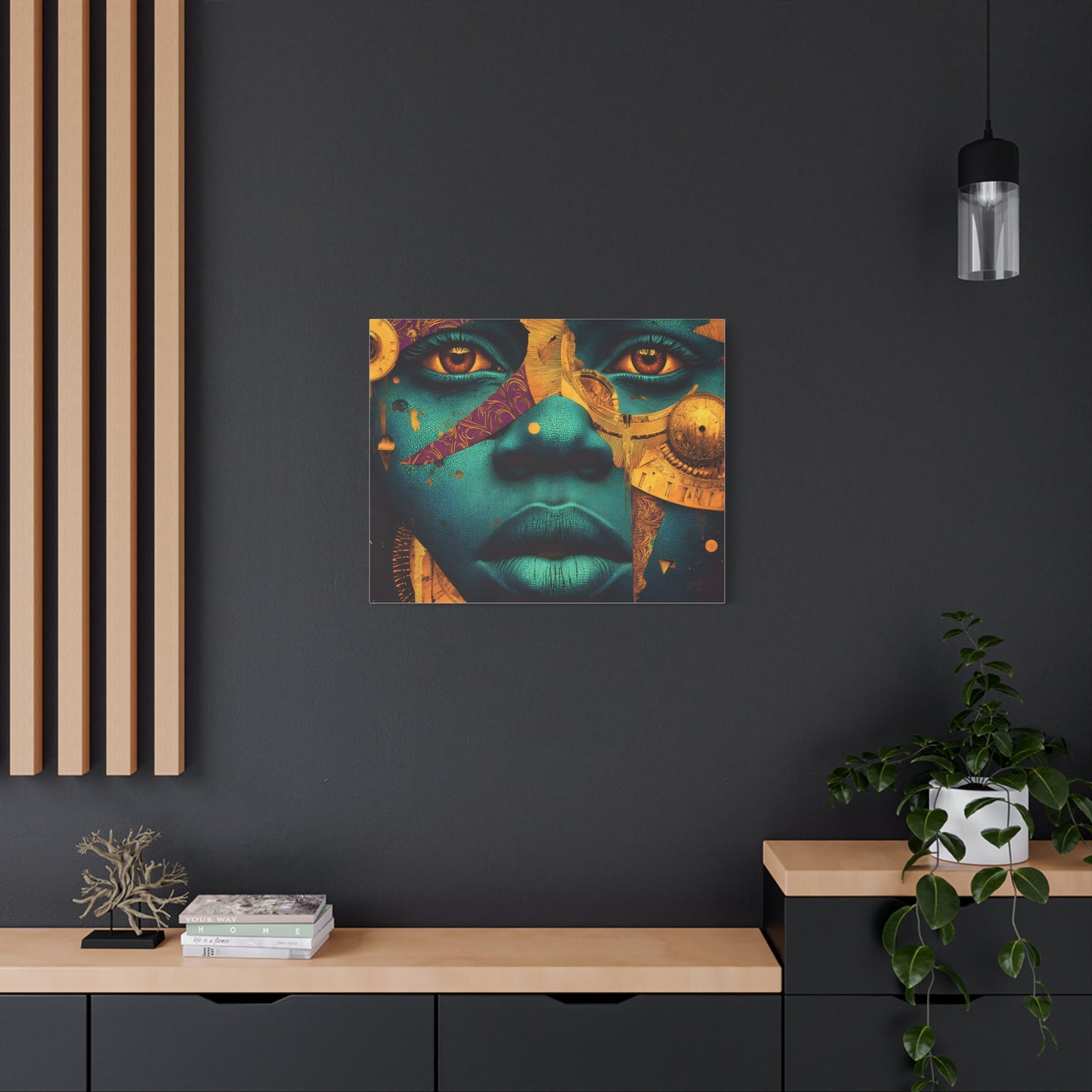 Afro-Futurist Portrait Matte Stretched Canvas — Teal & Gold Face Wall Art