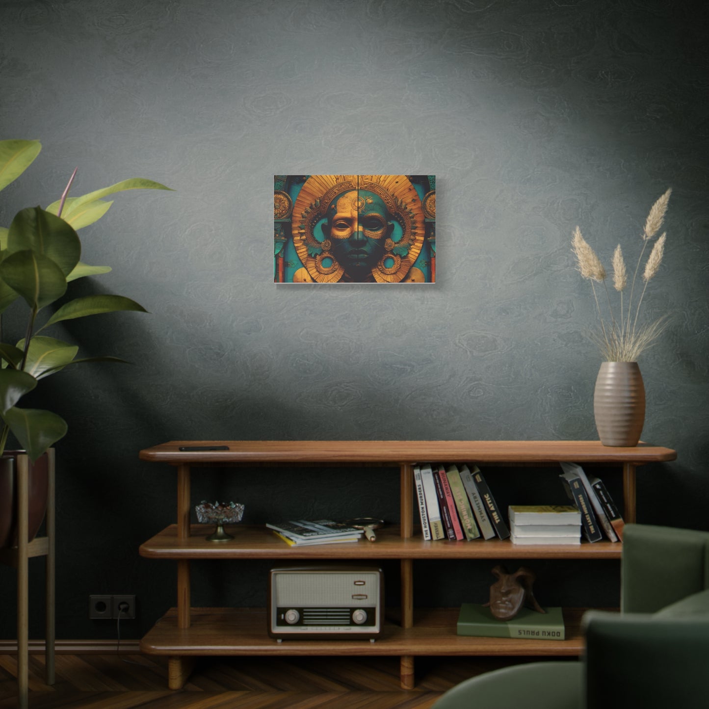 Gold & Teal Tribal Mask Matte Canvas Art — Stretched Wall Decor