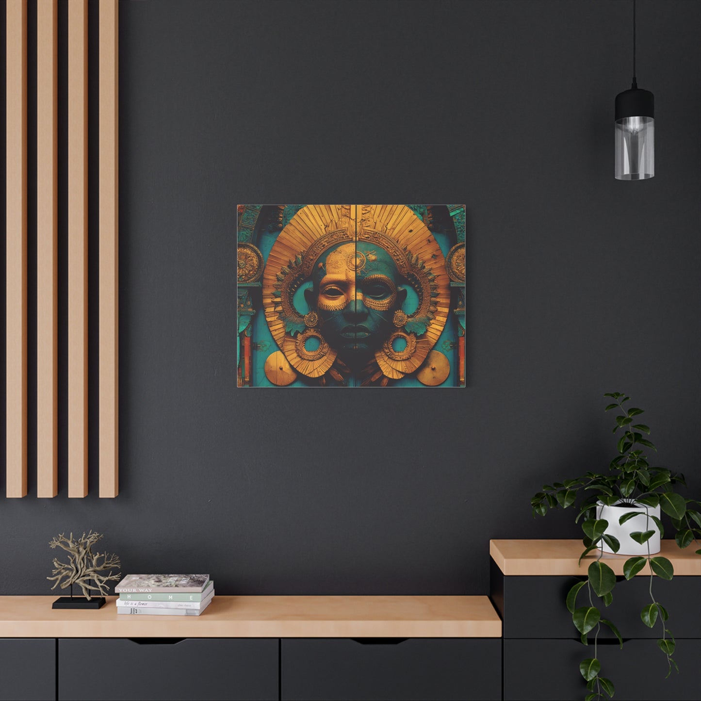 Gold & Teal Tribal Mask Matte Canvas Art — Stretched Wall Decor