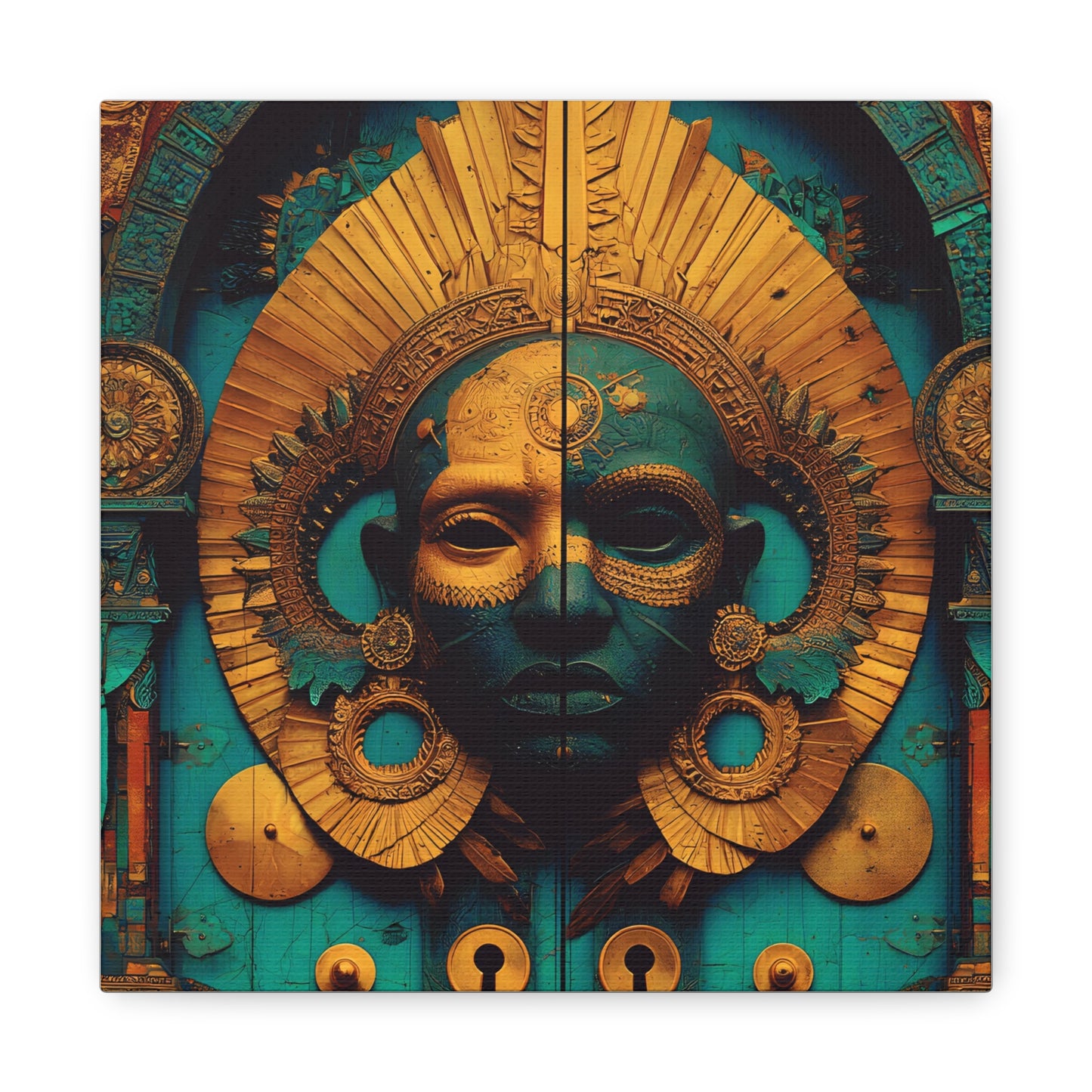 Gold & Teal Tribal Mask Matte Canvas Art — Stretched Wall Decor