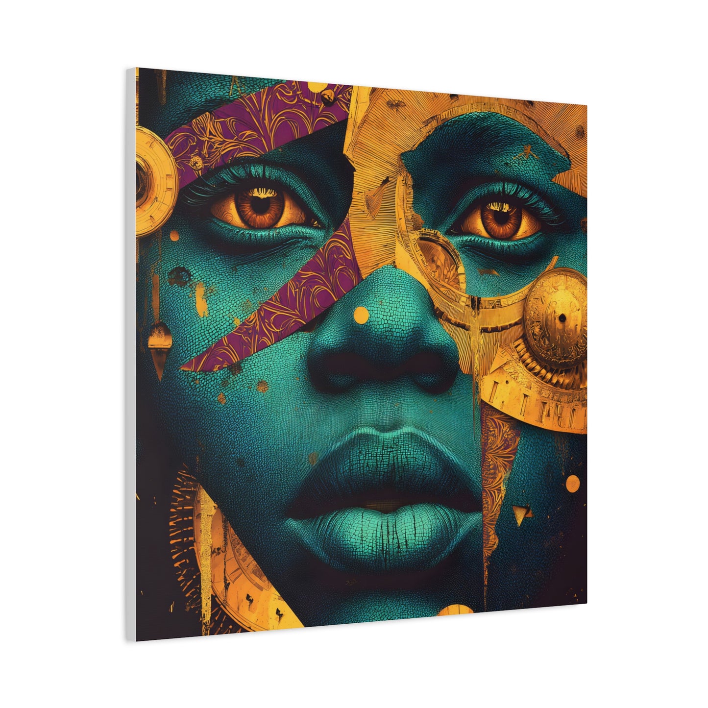 Afro-Futurist Portrait Matte Stretched Canvas — Teal & Gold Face Wall Art