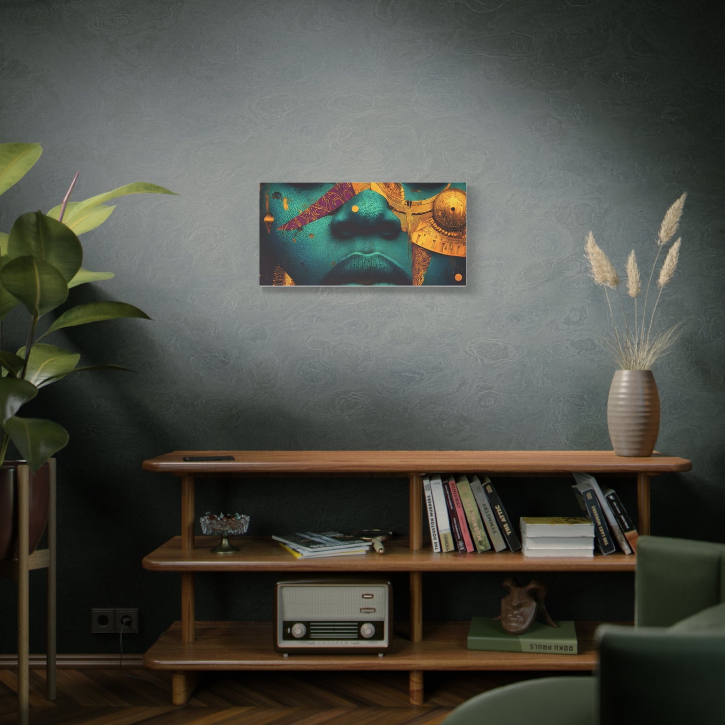Afro-Futurist Portrait Matte Stretched Canvas — Teal & Gold Face Wall Art