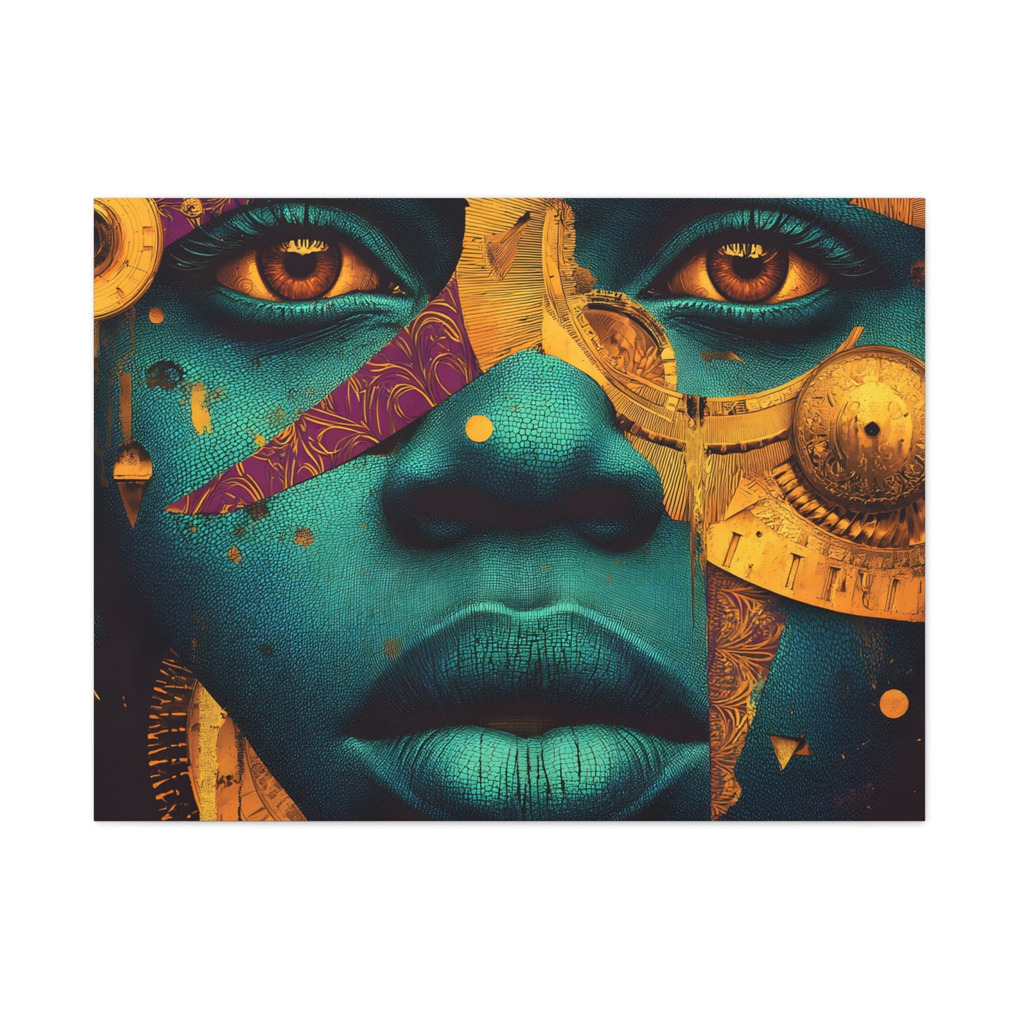 Afro-Futurist Portrait Matte Stretched Canvas — Teal & Gold Face Wall Art