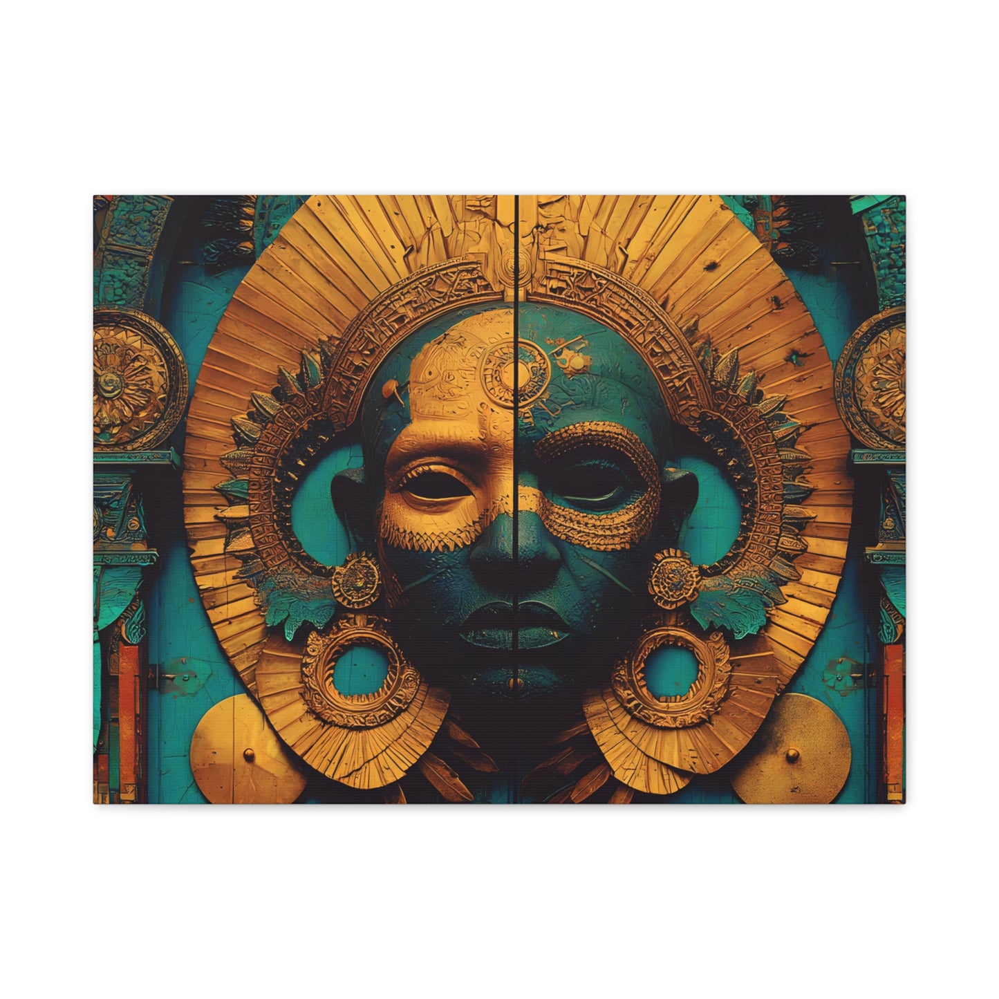 Gold & Teal Tribal Mask Matte Canvas Art — Stretched Wall Decor