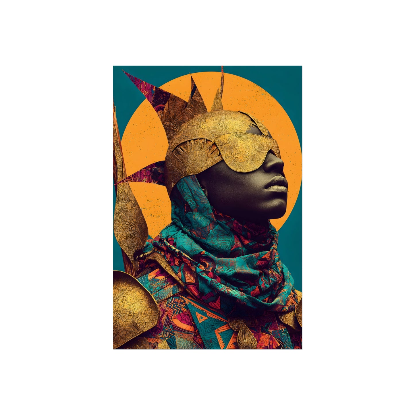 Golden Masked Figure poster | Fine Art Poster, Afrocentric Portrait, Abstract Halo
