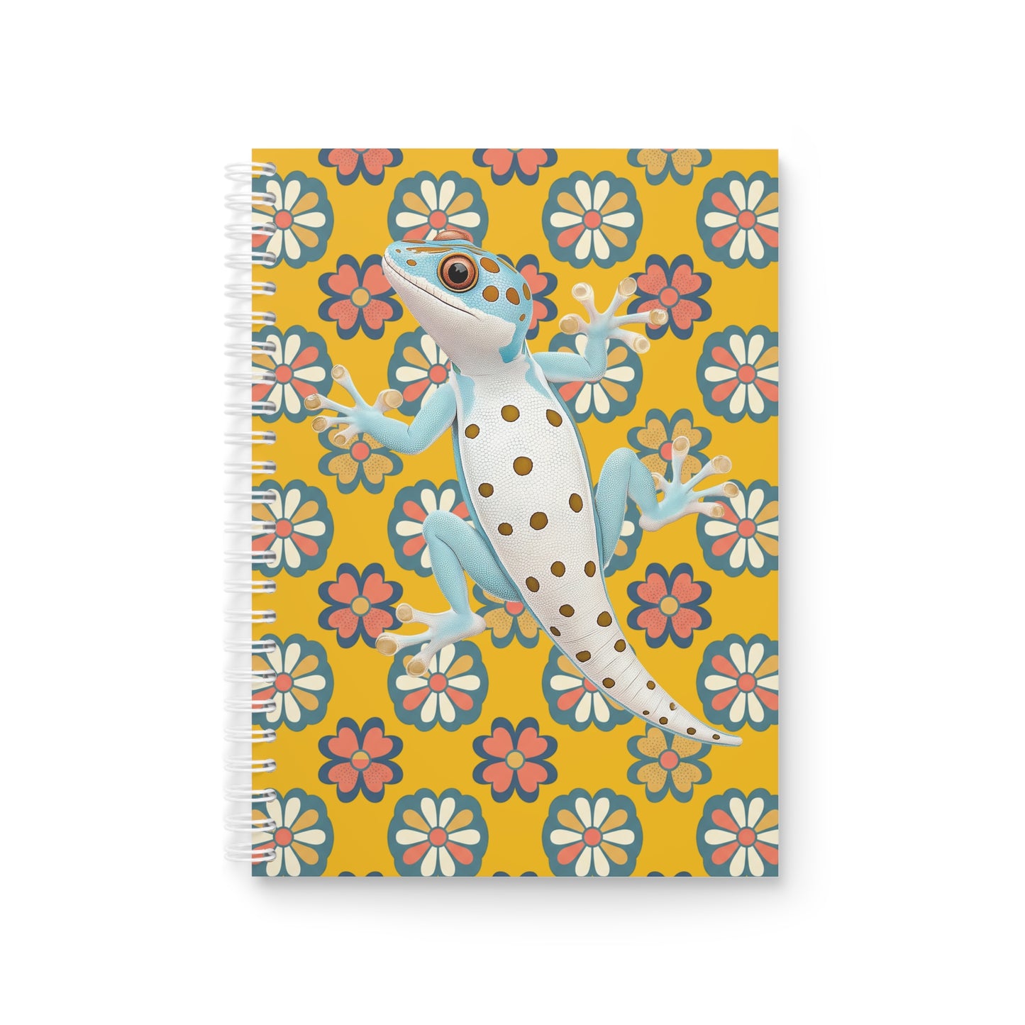 Gecko Floral Spiral Notebook — Cute Blue Gecko on Retro Daisy Pattern