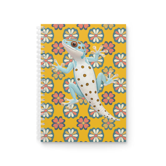 Gecko Floral Spiral Notebook — Cute Blue Gecko on Retro Daisy Pattern