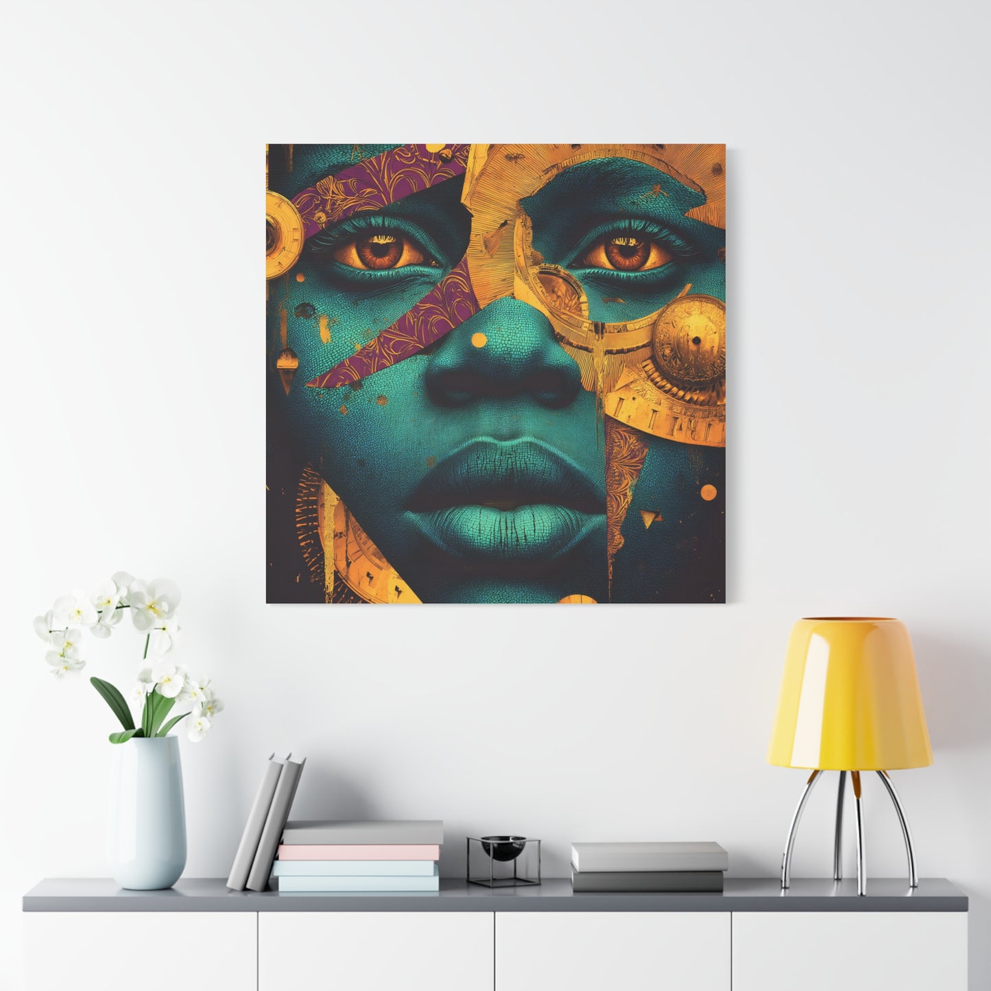 Afro-Futurist Portrait Matte Stretched Canvas — Teal & Gold Face Wall Art