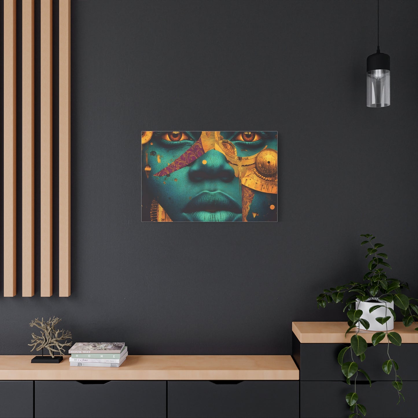Afro-Futurist Portrait Matte Stretched Canvas — Teal & Gold Face Wall Art