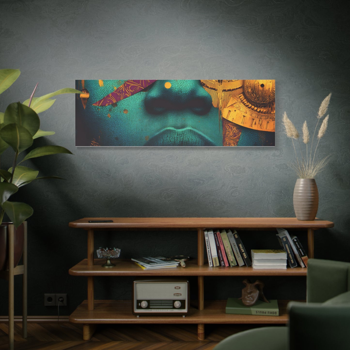 Afro-Futurist Portrait Matte Stretched Canvas — Teal & Gold Face Wall Art
