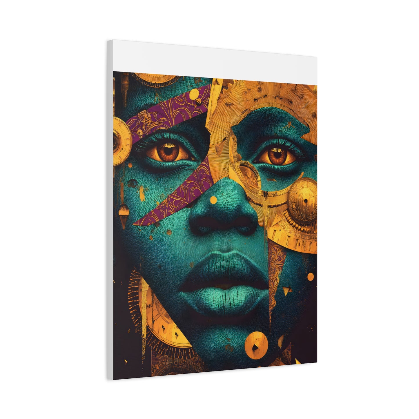 Afro-Futurist Portrait Matte Stretched Canvas — Teal & Gold Face Wall Art